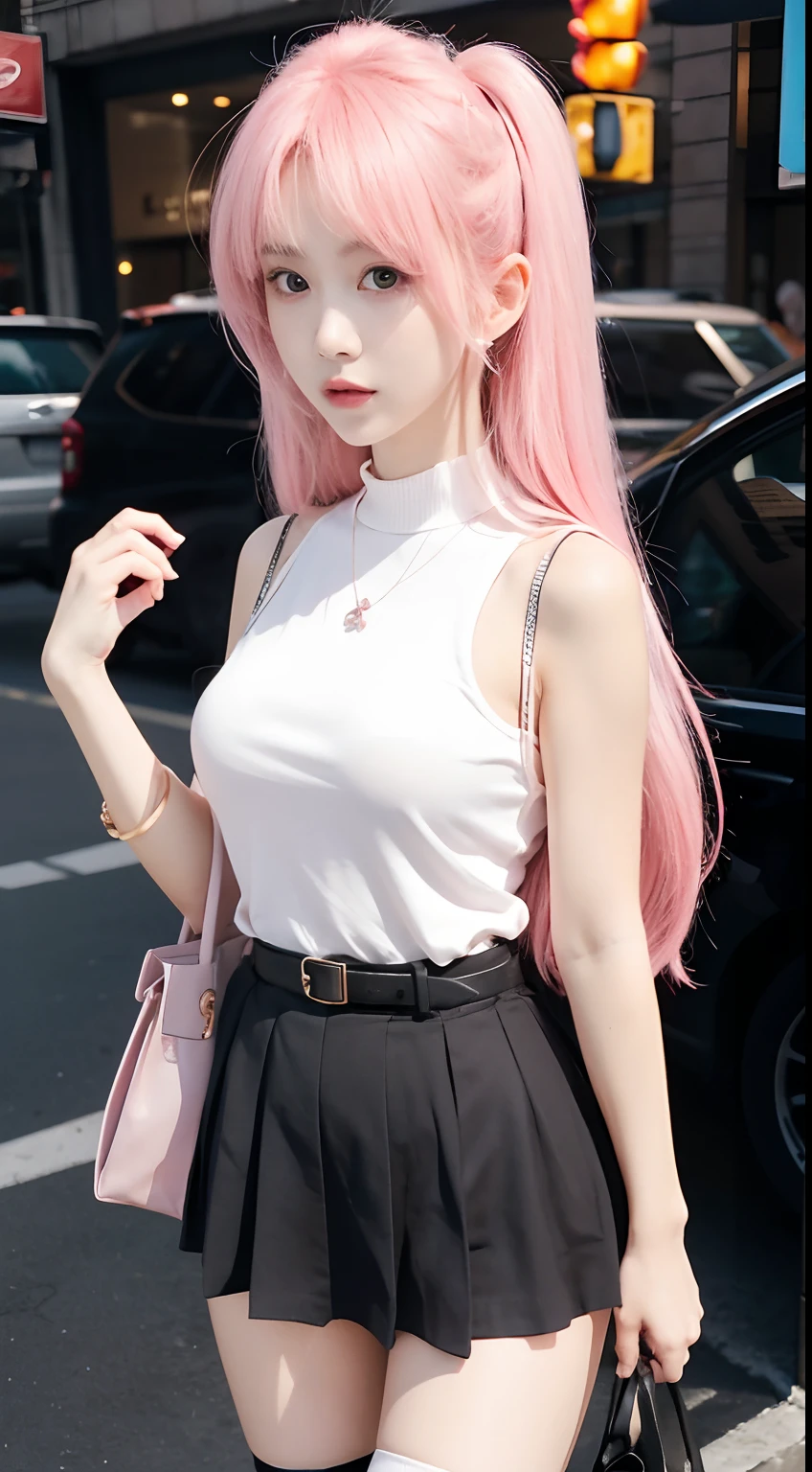 a girl with realistic long pink hair, exactly the same hairstyle, realistic beautiful face, realistic cool expression, realistic pink bag, exactly the same bag,Realistic white clothes, exactly the same clothes, realistic short black skirts, exactly the same skirts, exactly the same belts, adapt the clothes exactly the same,Realistic light, realistic shadows, realistic background,realistic hands,