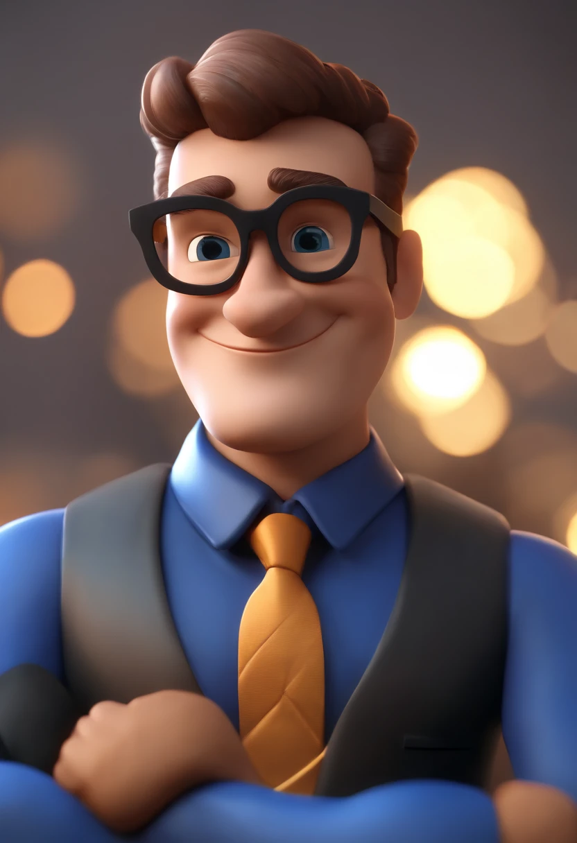 Cartoon character of a man wearing black glasses and a blue shirt, um personagem animado, Caractere estilizado, animation style rendering, 3D estilizado, Arnold Maya render, 3 d render stylized, toon render keyshot, Personagem 3D, Personagem 3D, 3d rendering stylized, 3 d character render, personagem de desenho animado, Personagem de close up, Pose de personagem, (Estilo Pixar) (master part:1.2) (Bokeh) (best quality) (pele detalhada) (textura detalhada) (8k) (argila) (Cinematic lighting) (foco nítido,Senta e vaza a parte superior do corpo