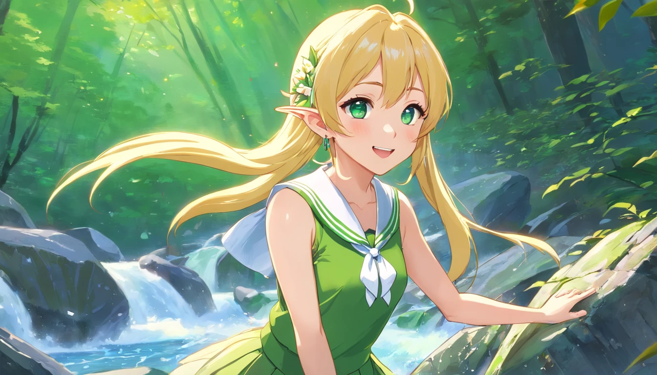masterpiece, best quality, ultra- detailed, realistic daughter, fantasy, blush, get excited, looking at viewer, standing, nsfw, 1girl, elf, solo , cute, blonde hair, long hair, ((lily flower hair ornament)), swept bangs, blue eyes, elf ears, elf ears visible through hair, ((smile)), ((earrings)), open mouth, ((necklace)), collar skin,small breasts, serafuku, sailor shirt, breast pocket, pleated skirt, green neckerchief, on rocks, hair over breasts, hand on own thigh, outdoors, creek in the forest, playing in the river, waterfall, nature scenery, fantasy world, fantastic background, splashing, water, elf, Elf, elf ears,Elf, elf ears,wind, wind lift,