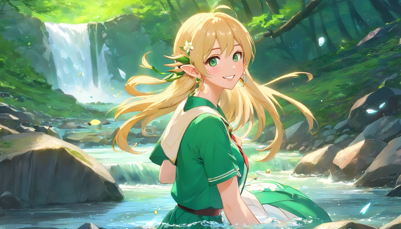 masterpiece, best quality, ultra- detailed, realistic daughter, fantasy, blush, get excited, looking at viewer, standing, nsfw, 1girl, elf, solo , cute, blonde hair, long hair, ((lily flower hair ornament)), swept bangs, blue eyes, elf ears, elf ears visible through hair, ((smile)), ((earrings)), open mouth, ((necklace)), collar skin,small breasts, serafuku, sailor shirt, breast pocket, pleated skirt, green neckerchief, on rocks, hair over breasts, hand on own thigh, outdoors, creek in the forest, playing in the river, waterfall, nature scenery, fantasy world, fantastic background, splashing, water, elf, Elf, elf ears,Elf, elf ears,wind, wind lift,