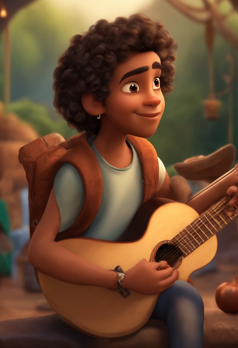 crie um banner no estilo Pixar. A boy with Indian features, moreno pardo com cabelos curtos, Castanhos escuros, Curly and slightly grayish appearance, mas jovem, usando uma camiseta, Wearing jeans and holding a classical guitar with 7 strings.