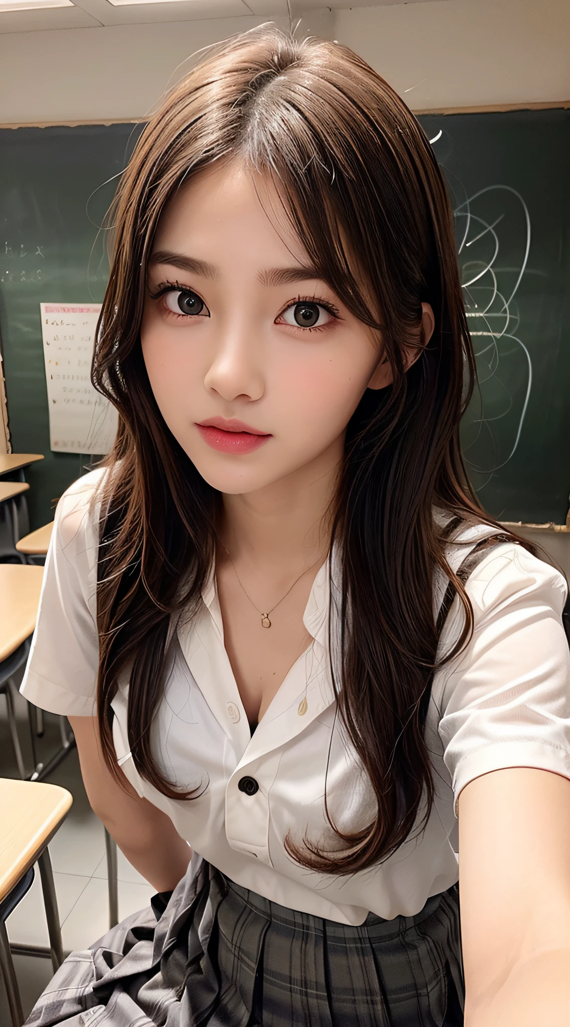 (masterpiece:1.3)、Super detailed finish、(High resolution、8k:1.3)、(highest quality、Super realistic like a photo:1.5)、sharp focus, ultra high definition face、Face is in focus、Ultra high definition and beautiful eyes、Eyes are symmetrical:1.3、High-definition and beautiful skin、firm skin、Ultra high definition hair texture、close up on face、high school girl、17 years old、(sailor suit:1.3)、sexy pose, dynamic pose:1.2, cleavage:1.3、extra detailed sheer bra, inside the classroom、Very cute、very cute、natural make, glossy lips、I'm embarrassed by people staring at me、(Strange look), anxious look、blush:1.3, (embarrassed:1.3)、thin necklace、looking sideways at the camera:1.2、color々Photos from an angle