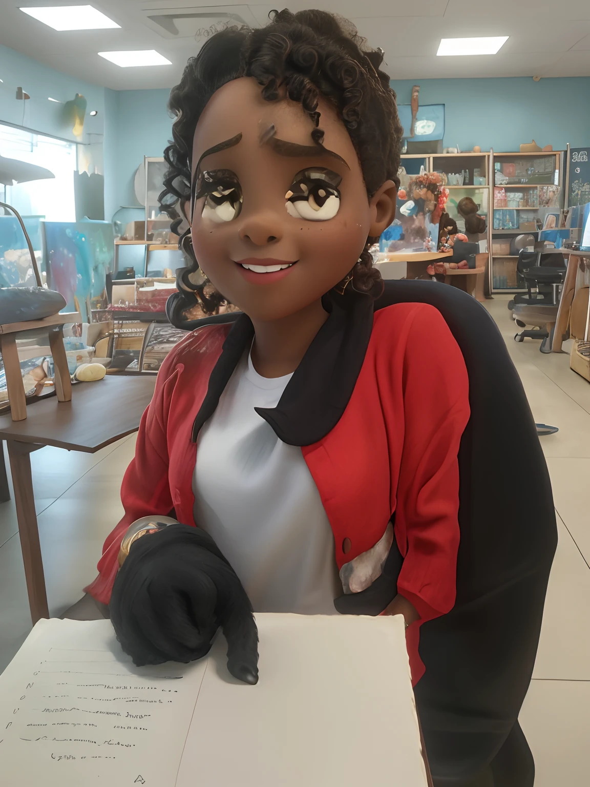 Capa de filme estilo Disney, uma menina preta com olhos castanhos, Dark skin and curly hair working painting pictures and an art studio in the background