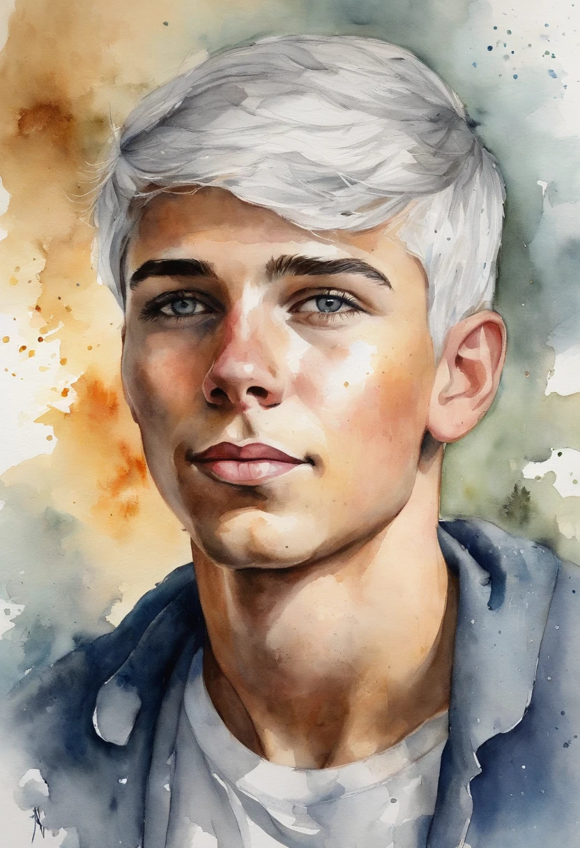 a age boy with a faint smile on his face, silver hair with galaxy colored eyes, wearing a white sweater and a gold earring in his left ear.