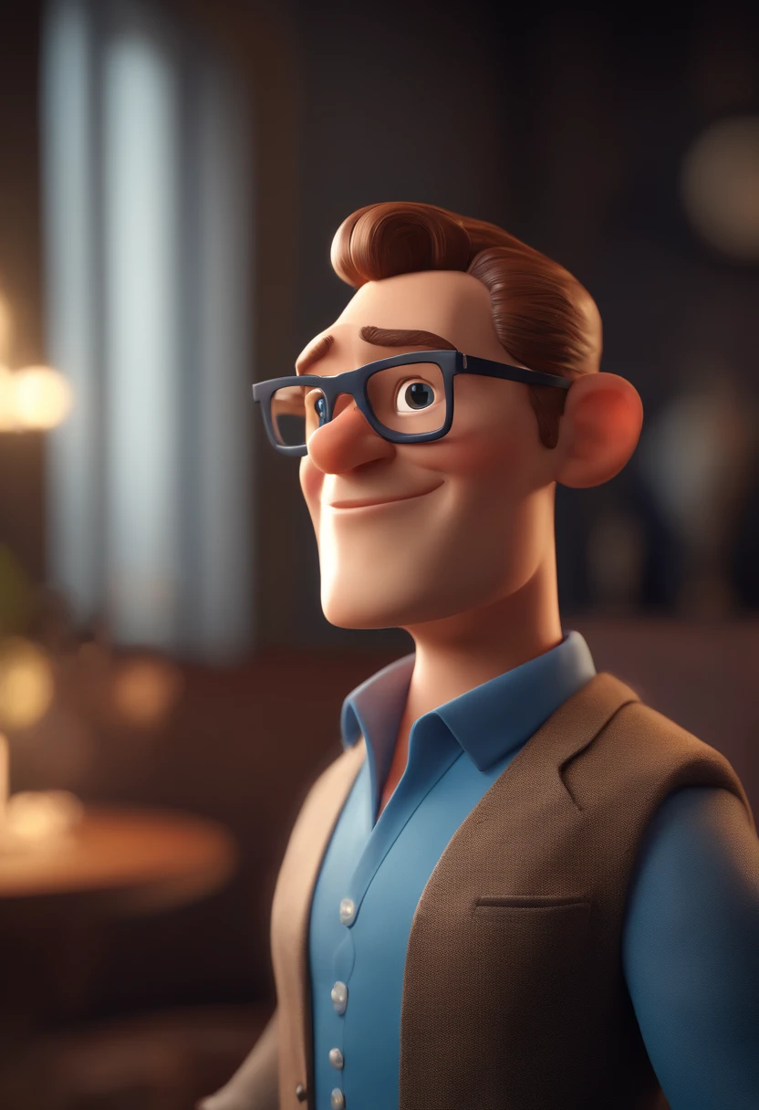 Cartoon character of a man with black glasses and a blue shirt, animation character, Caractere estilizado, animation style rendering, 3D estilizado, Arnold Maya render, 3 d render stylized, toon render keyshot, Personagem 3D, Personagem 3D, 3d rendering stylized, 3 d character render, personagem de desenho animado, Personagem de close up, Pose de personagem, (Estilo Pixar) (master part:1.2) (Bokeh) (best quality) (pele detalhada) (textura detalhada) (8k) (argila) (Cinematic lighting) (foco nítido