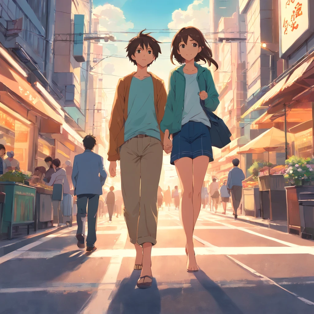Beautiful woman walking hand in hand on a busy street,Hair fluttering,The expression is sweet,The surroundings are full of warmth and well-being。