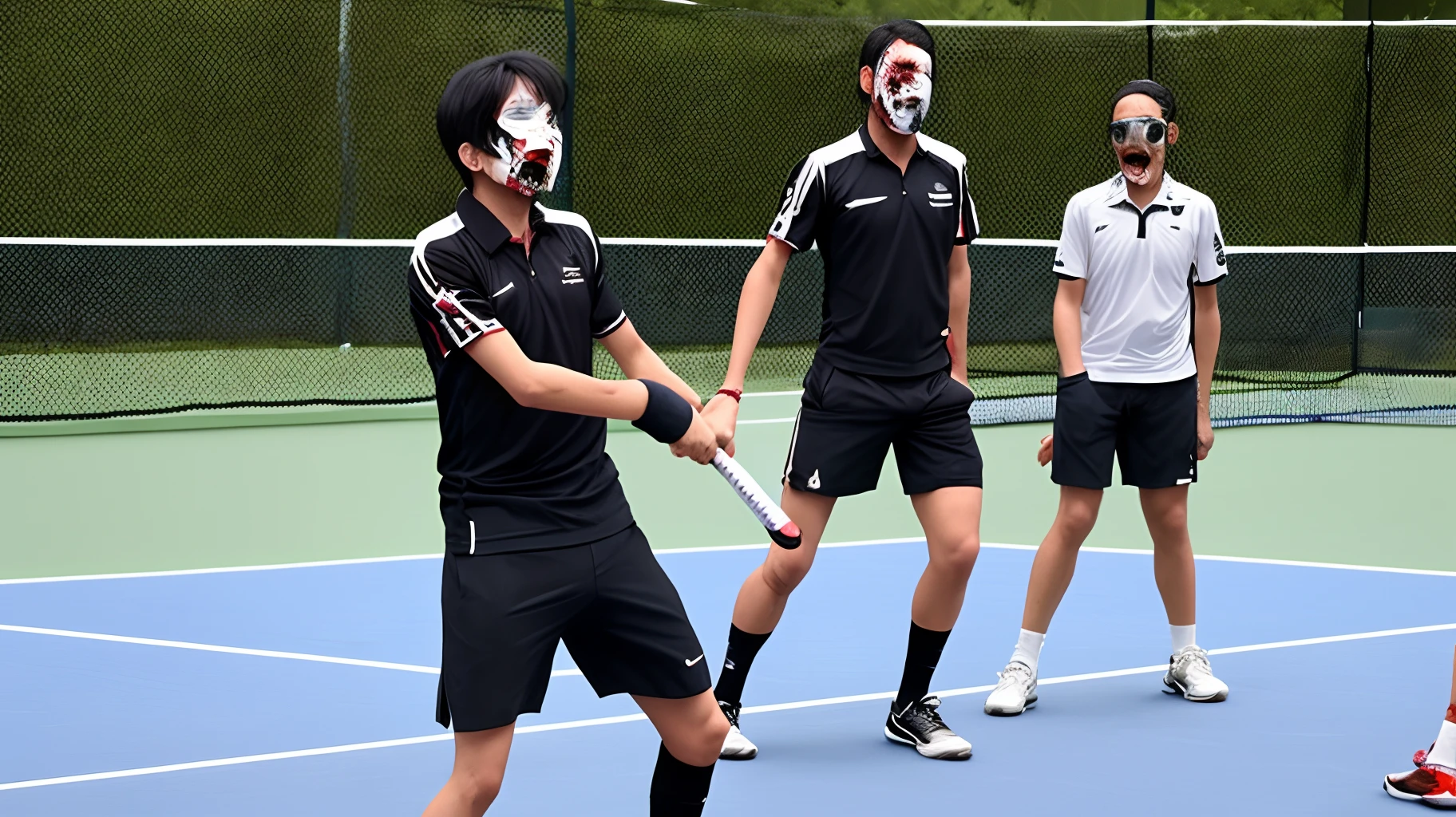 A disturbing picture of Akaya Kirihara holding up a tennis racket and turning around with blood on his face