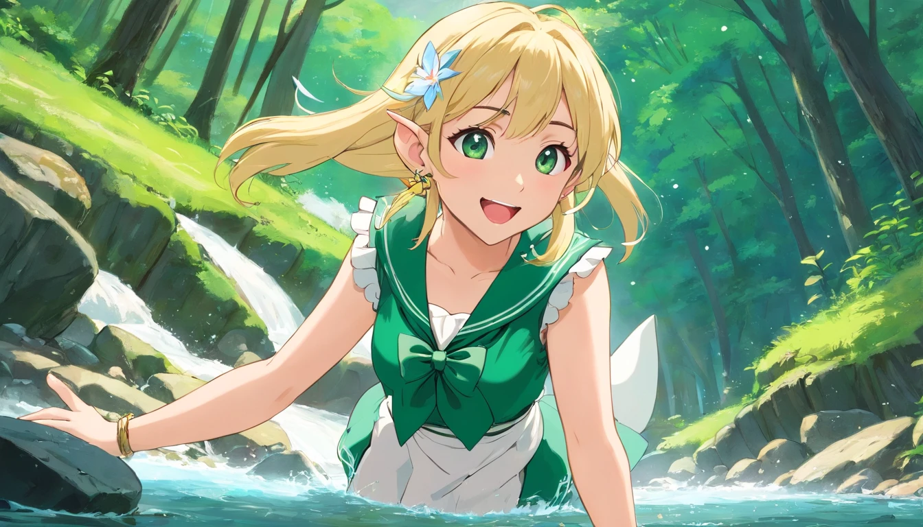 masterpiece, best quality, ultra- detailed, realistic daughter, fantasy, blush, get excited, looking at viewer, standing, nsfw, 1girl, elf, solo , cute, blonde hair, long hair, ((lily flower hair ornament)), swept bangs, blue eyes, elf ears, elf ears visible through hair, ((smile)), ((earrings)), open mouth, ((necklace)), collar skin,small breasts, serafuku, sailor shirt, breast pocket, pleated skirt, green neckerchief, on rocks, hair over breasts, hand on own thigh, outdoors, creek in the forest, playing in the river, waterfall, nature scenery, fantasy world, fantastic background, splashing, water, elf, Elf, elf ears,Elf, elf ears,wind, wind lift,