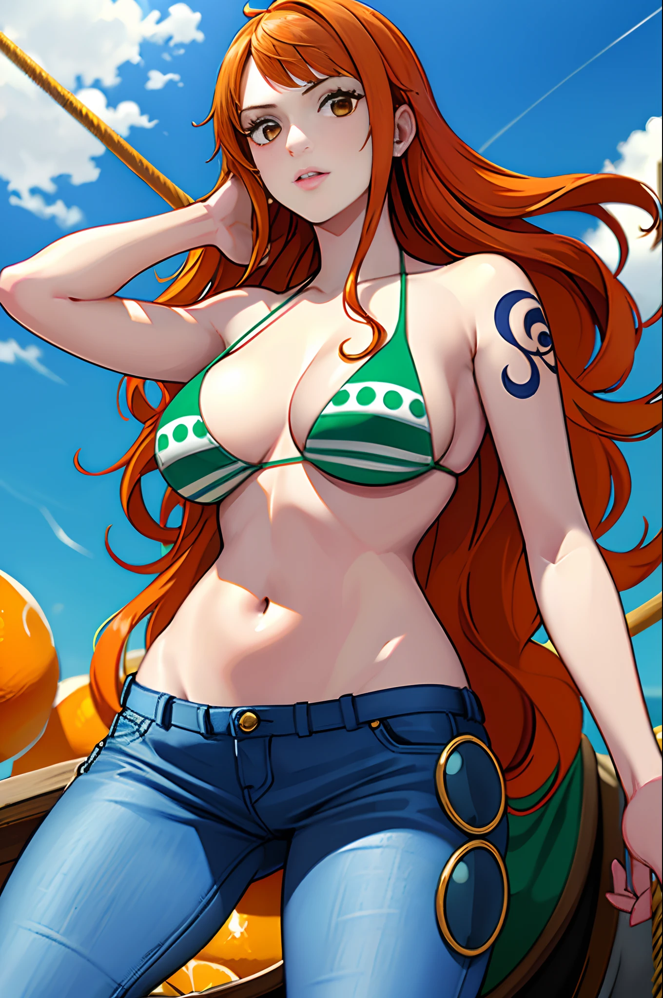 (((masterpiece+best quality+high resolution+ultra-detailed))), 1girl with clima-tact, Nami, long silky orange hair, high nose, sharp eyes, noble and inviolable temperament, (([female]: 1.2 + [beauty]: 1.2 + orange long hair: 1.2)), pirate ship background, blue sky, clouds, log pose, gold bracelets, revealing green and white bikini halter top, tight low-rider jeans, shoulder tattoo, bright eyes, dynamic angle and posture.