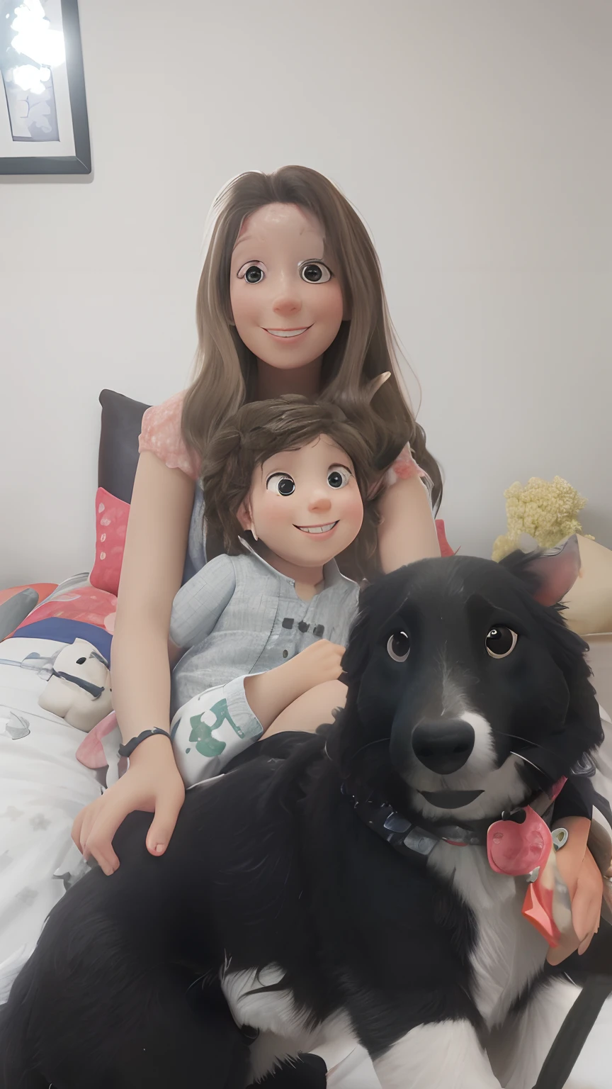 There's a woman and a boy sitting on a bed with a dog, Family photo, cabrito, muito bobo olhando, imagem de perfil, family portrait, Me ajuda, with dogs, happily smiling at the camera, Postagem no Reddit, by Amelia Peláez, Mulher de 30 anos, imagem de qualidade muito baixa, 3 0 anos de idade mulher, Directed by: Emma Andijewska