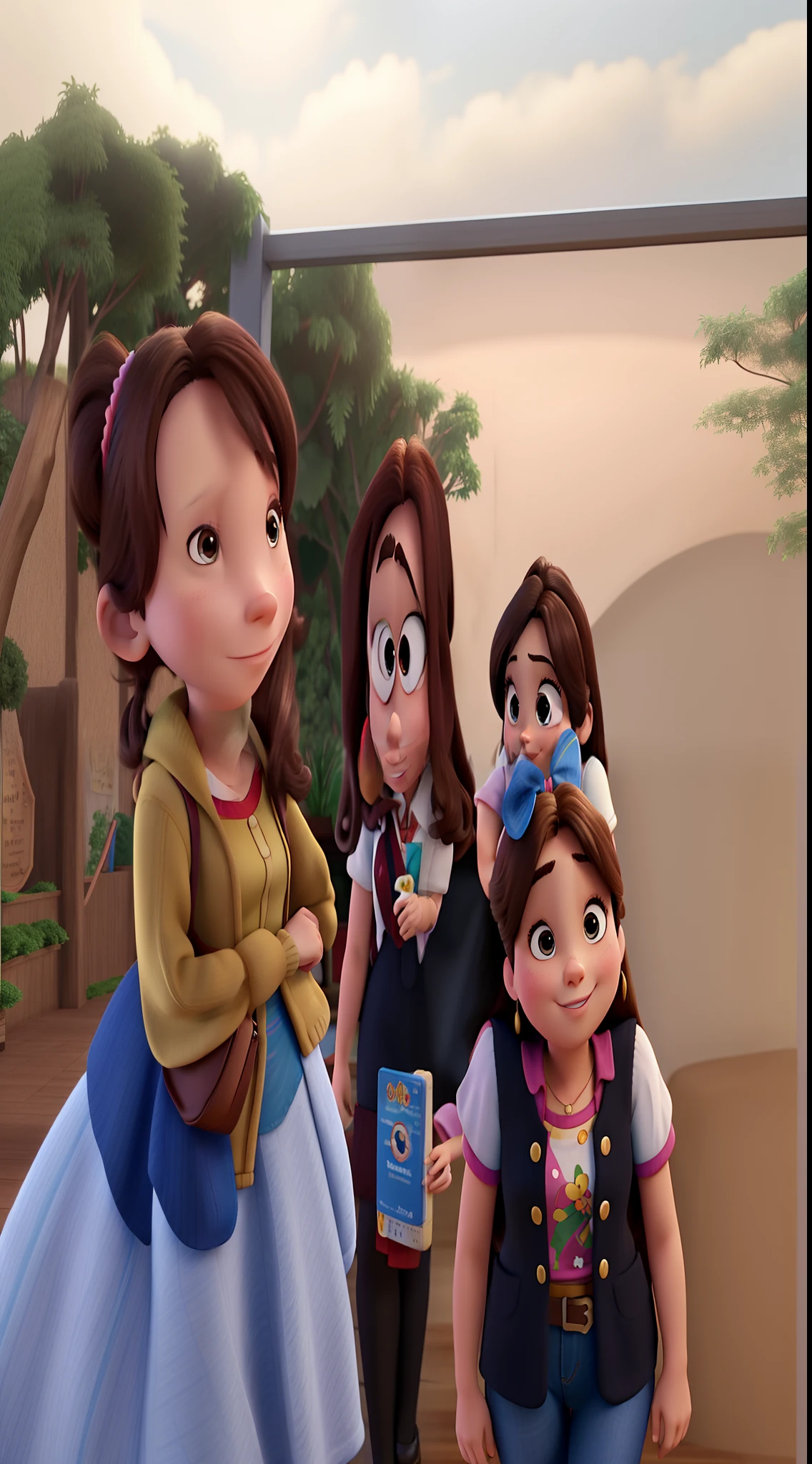 Three brunette women Disney Pixar style, alta qualidade, melhor qualidade, pano de fundo biblioteca