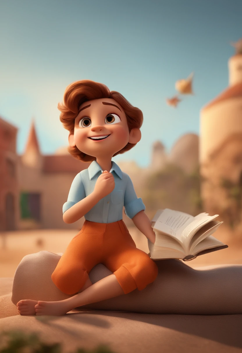 Garoto, estilo disney, tom de pele: claro:  Cabelo: marrom escuro, liso, curto, penteado para o lado direito. camisa Cor rosa, chapéuPanamámarrom,. Background: a giant paper airplane, Book with light brown cover in hand, ao lado de uma menina de cabelo ruivo avermelhado, White shirt and orange pants, With light brown libro in hand, ambos sorrindo, feliz, (estilo pixar) (obra-prima:1.2) (bokeh) (melhor qualidade) (pele detalhada) (textura detalhada) (8k) (claymation) (cinematic lighthing) (foco nítido