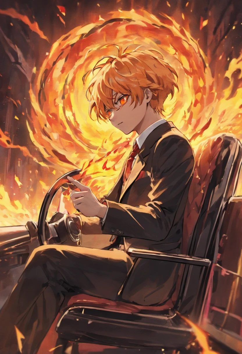 A Skelton , with fire around his head, wearing a suit, wearing sunglasses, looks crazy, drinking a car, hand on the the steering wheel, high quality, high detail, neon lights, 8k