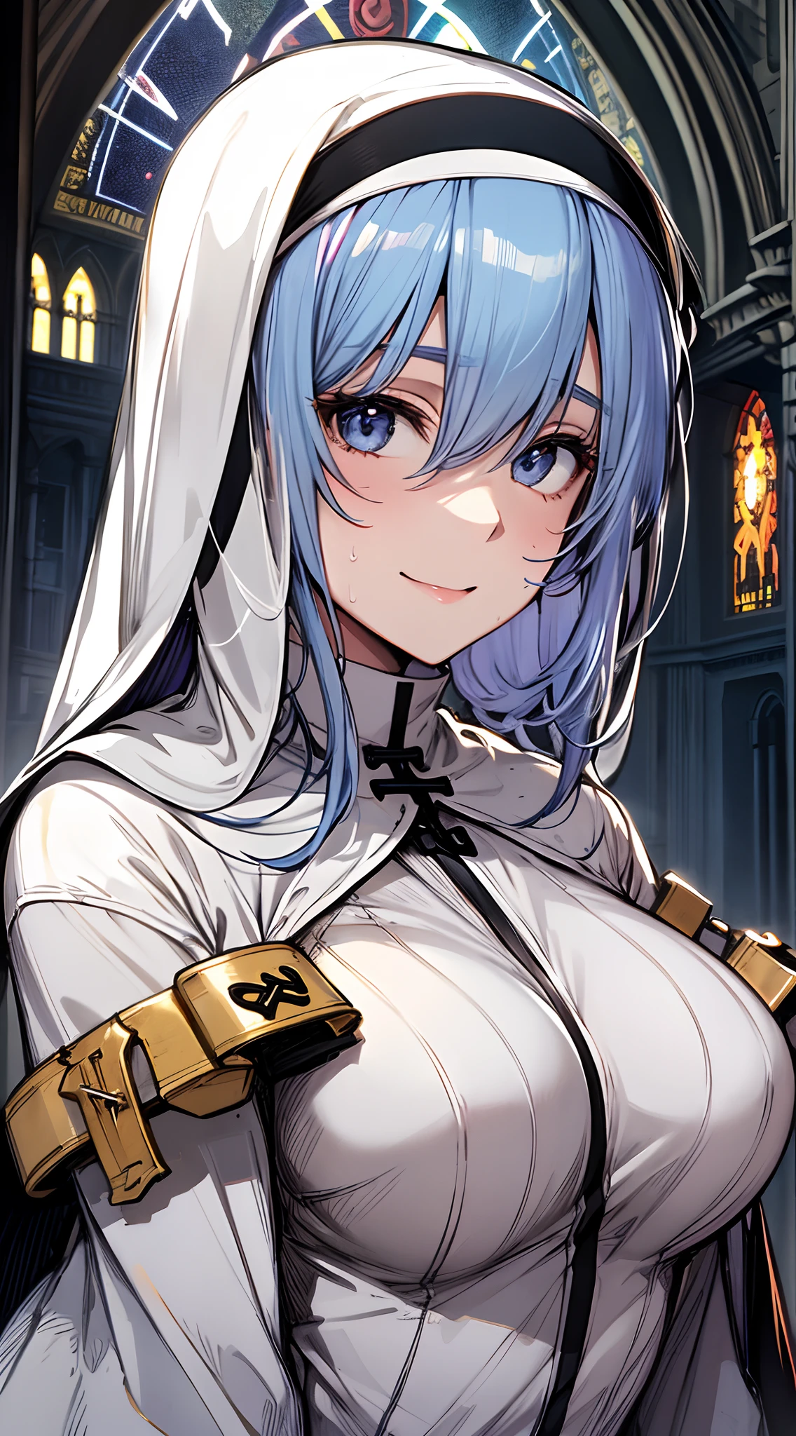 top-quality、supreme1People Girls,hightquality,, ((masuter piece)), ((High resolution)), ((Best Quality)), detail, (NSFW ,cum faced、Excited face.Very happy,), ((Skin shiny with sweat)), (White Nun Uniform:1.2)、 girl with, lightblue hair, (Straight、Bangs Patsun)、Stand as if praying:1.5、fair white skin:1.3、、Colossal tits, cinmatic lighting, perfectly shaded,(((chapel))), Realistic lighting with shades,