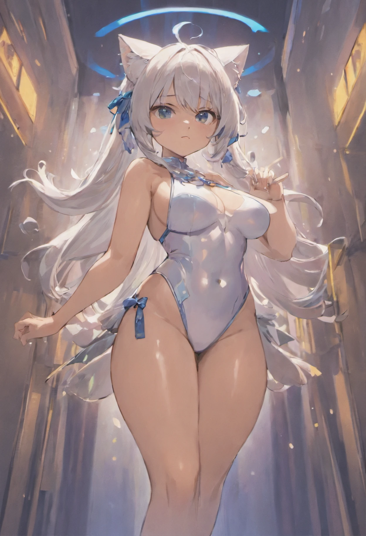 1 girl, long white silver hair. Has cat ears, and a matching tail color with hair, dark skinned, light steam surrounded her body. Big boobs, curvy chubby body,  in a blue latex suit, curvy body, latex suit shows cameltoe. Light in the behind here and to the left of her.