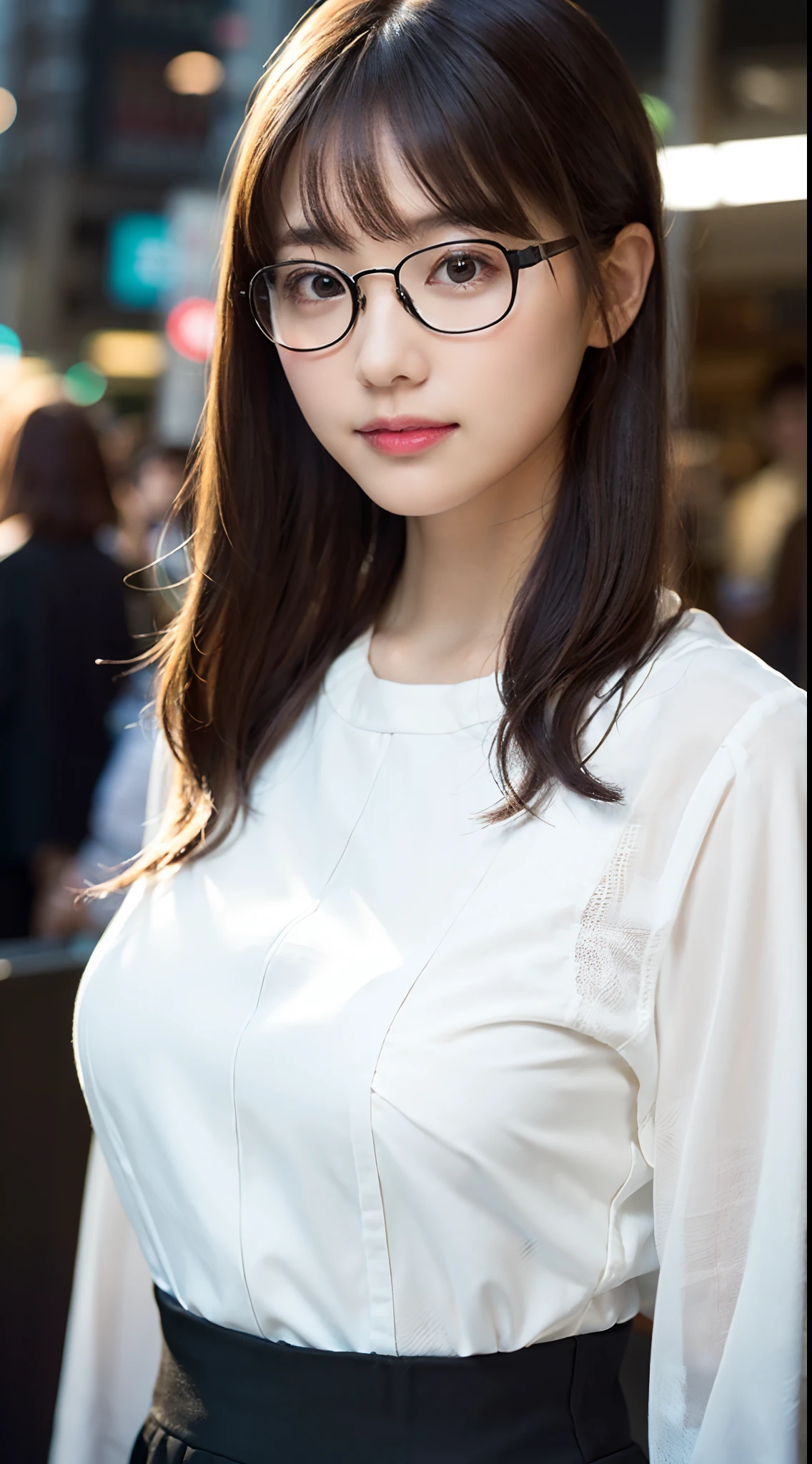 (8K、Raw photography、top-quality、masterpiece:1.2)、(realisitic、Photorealsitic:1.37)、ultra-detailliert、超A high resolution、女の子1人、see the beholder、beautifull detailed face、A smile、Constriction、(Slim waist) :1.3)、((White blouse clothes))、Beautiful detailed skin、Skin Texture、Floating hair、((Hair bunched into one))、large full breasts、Professional Lighting、In front of the station at noon、((Black square glasses))、Whole human body、Brown hair、phone、