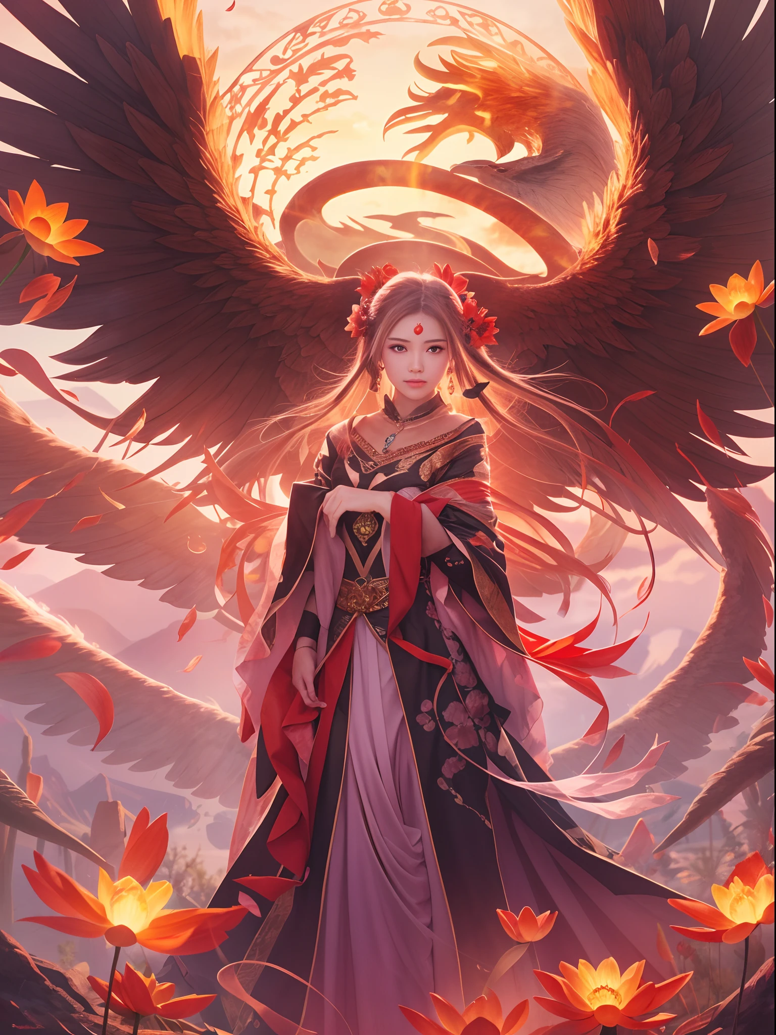 (Masterpiece, best quality: 1.2), a girl with phoenix wings standing in a ring of fire, with glowing red eyes, phoenix, lotus flowers, red gold pink, sunrise from mountain at the background