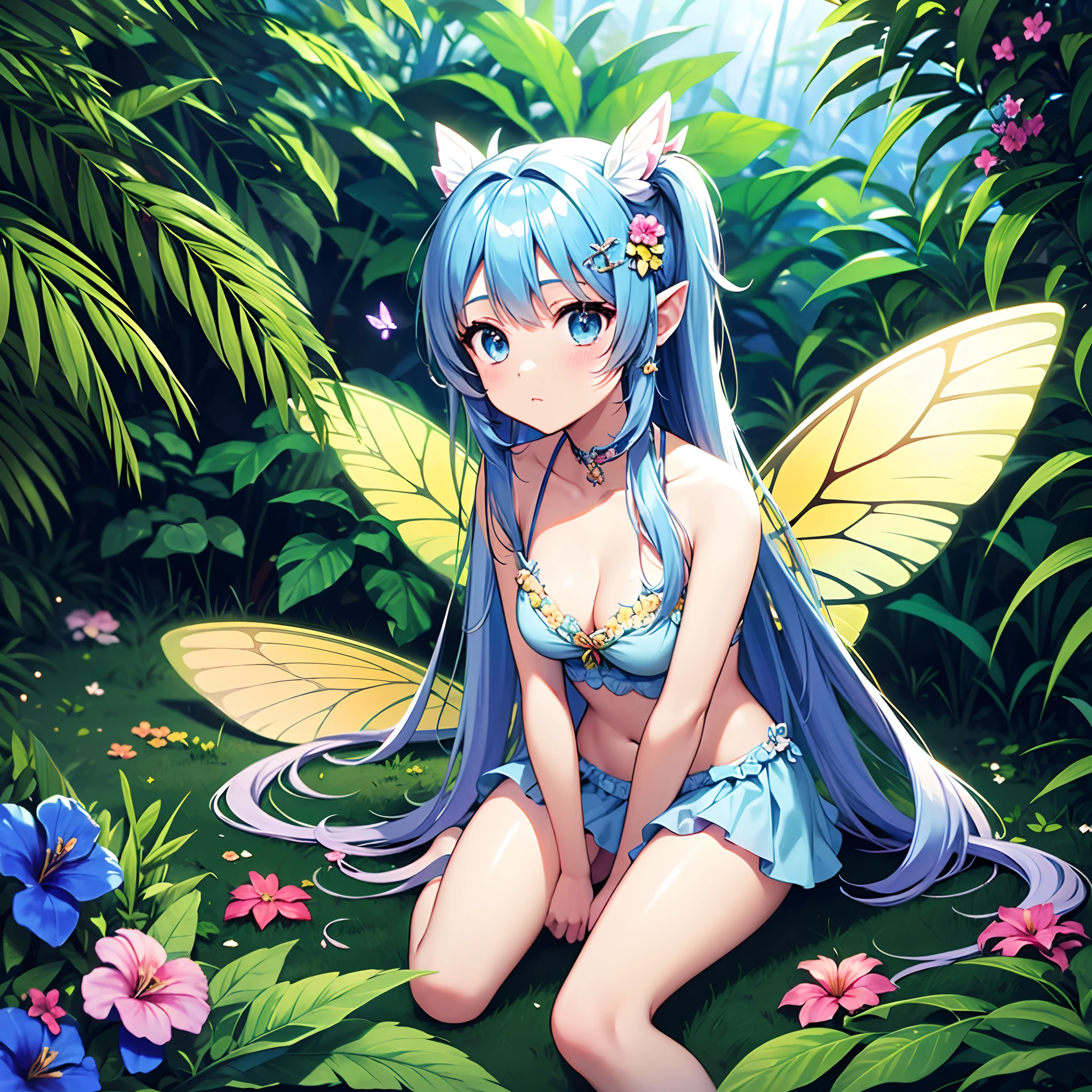 Best Quality, masutepiece, Cute Fairy Girl, fairy wings, Light blue long hair、Twin-tailed、In the mysterious jungle, foliage, Tropical, kawaii, mystery, Magical, Mythical animals and mysterious butterflies, Exotic flowers