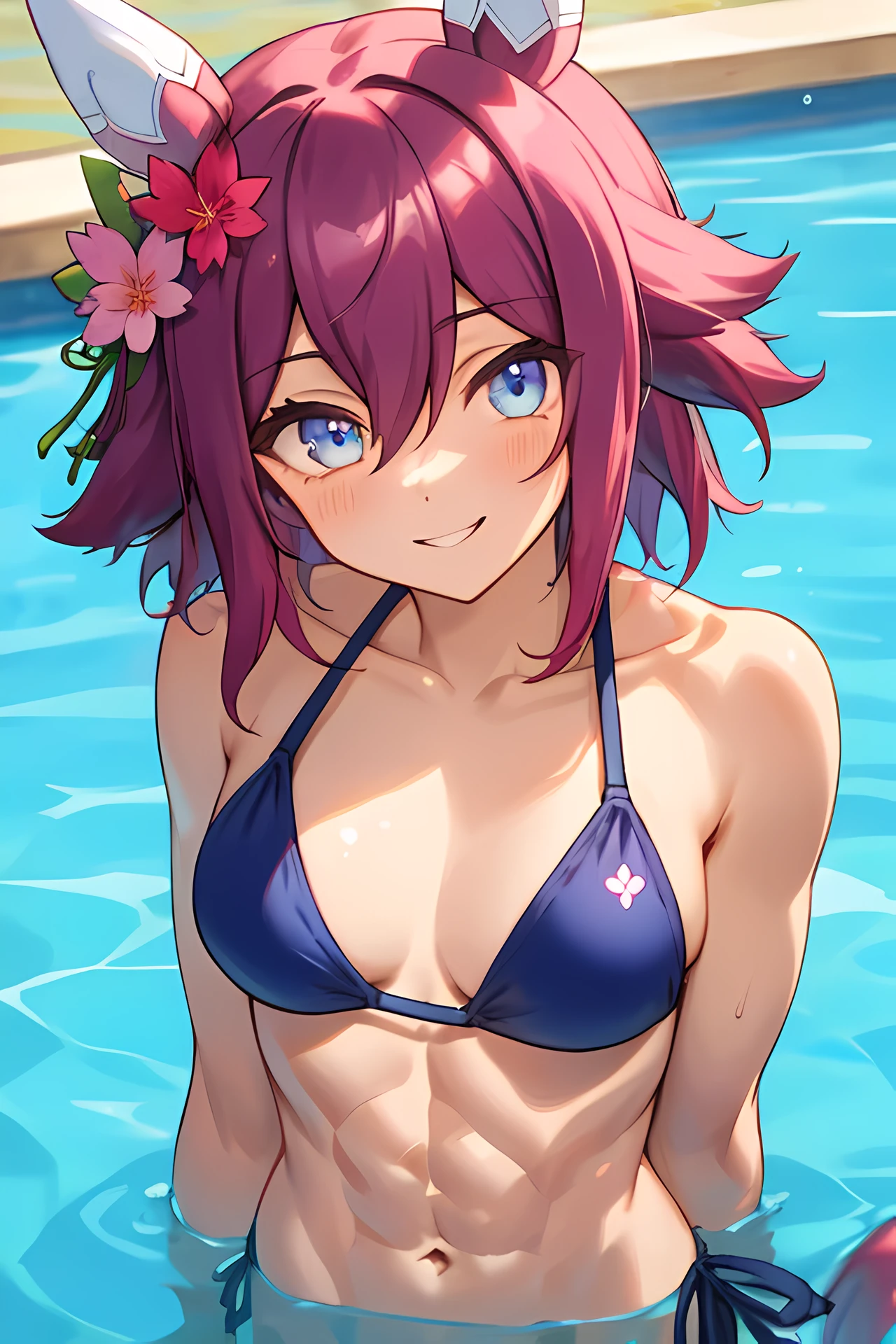 sakura chiyono o \(umamusume\), masterpiece, best quality, ultra-detailed face,  front, muscle, abs, upper body, plain bikini, horse tail, pool, light smile, detailed clear eyes,