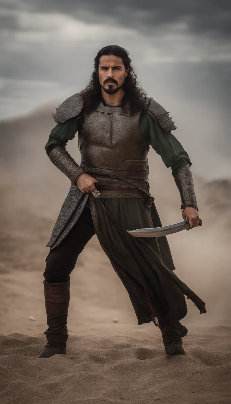 Guerreiro celestial com armadura e espada, of European physique with long black hair and a beautiful goatee.