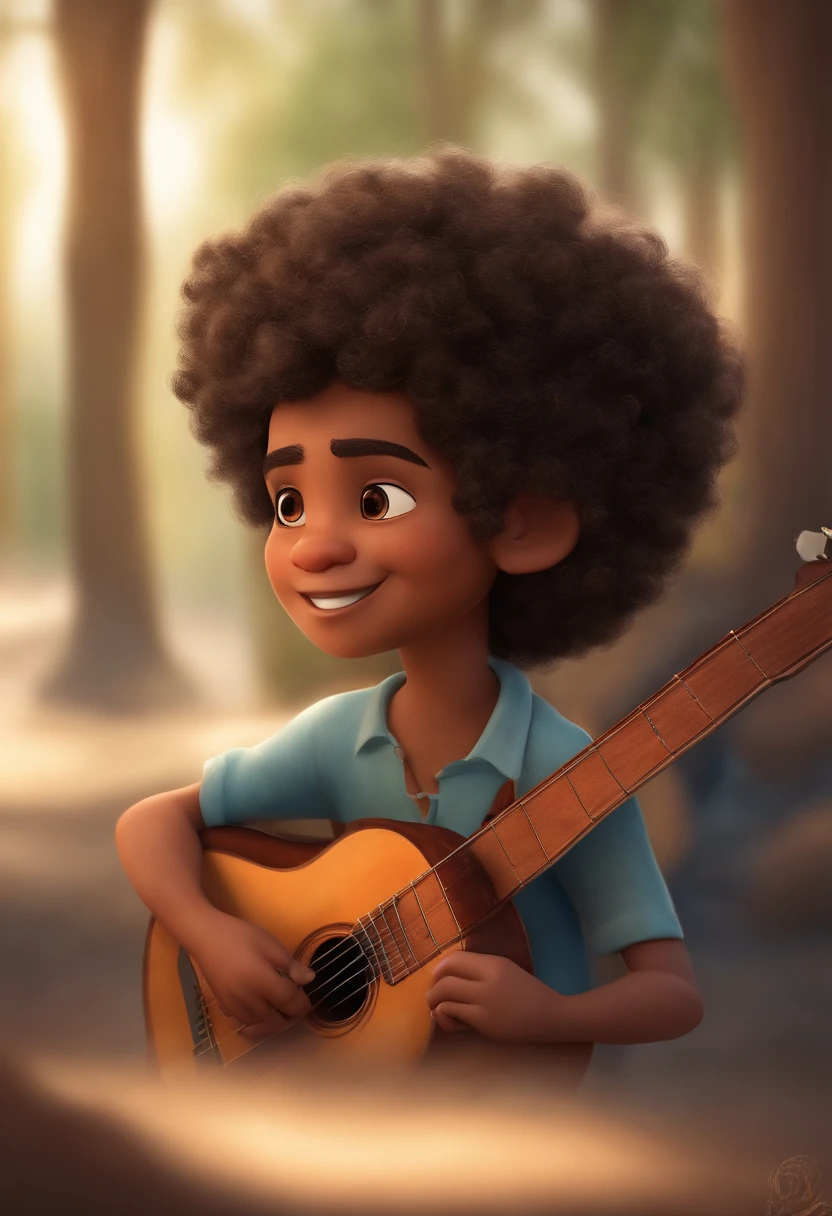 crie um banner no estilo Pixar. A boy with Indian features, moreno pardo com cabelos curtos, Castanhos escuros, Curly and slightly grayish appearance, mas jovem, usando uma camiseta, Wearing jeans and holding a classical guitar with 7 strings.