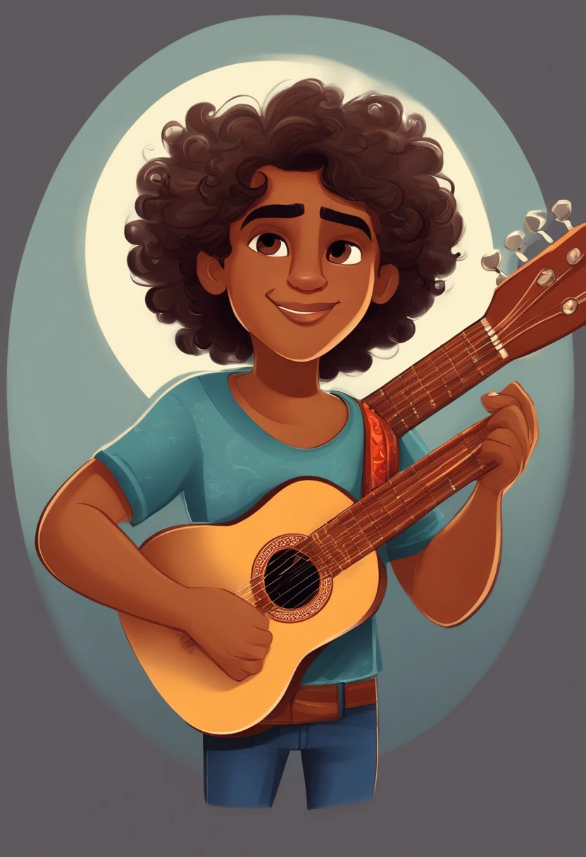 crie um banner no estilo Pixar. A boy with Indian features, moreno pardo com cabelos curtos, Castanhos escuros, Curly and slightly grayish appearance, mas jovem, usando uma camiseta, Wearing jeans and holding a classical guitar with 7 strings.