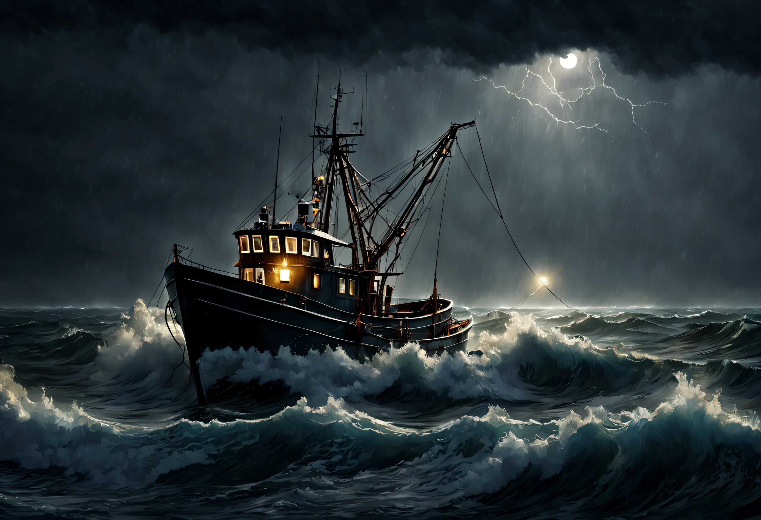 (A fishing boat on the high seas in the night rain:1.42)

(masterpiece: 1.2), ultra-detailed, (realistic, photorealistic, photorealistic: 1.37), HDR, UHD, studio lighting, serene atmosphere, ocean waves, ship silhouette, reflective water, soft raindrops, mysterious atmosphere, distant lightning , water splashes, moonlit sky, dark clouds, majestic presence, lit candle, billowing clouds, subtle shades of blue and gray, peaceful solitude, calming reflection, secluded waters, sailing the stormy ocean, nighttime adventures, brave fishermen , high waves crashing against the ship, blurred raindrops, ominous sky, whispering wind, undulating horizon, infinite vastness, sturdy fishing net, relaxing sound of rain on the deck, bright moonlight, small lights on the ship's mast ship, distant harbor lights, fishing gear, wet deck shining in the moonlight, faint smell of salt water, persistent determination, night loneliness, thunder, mysterious dark figure on board, sound of seagulls in the distance, sea voyage solitary, treacherous weather conditions, abundant underwater life, unlimited possibilities