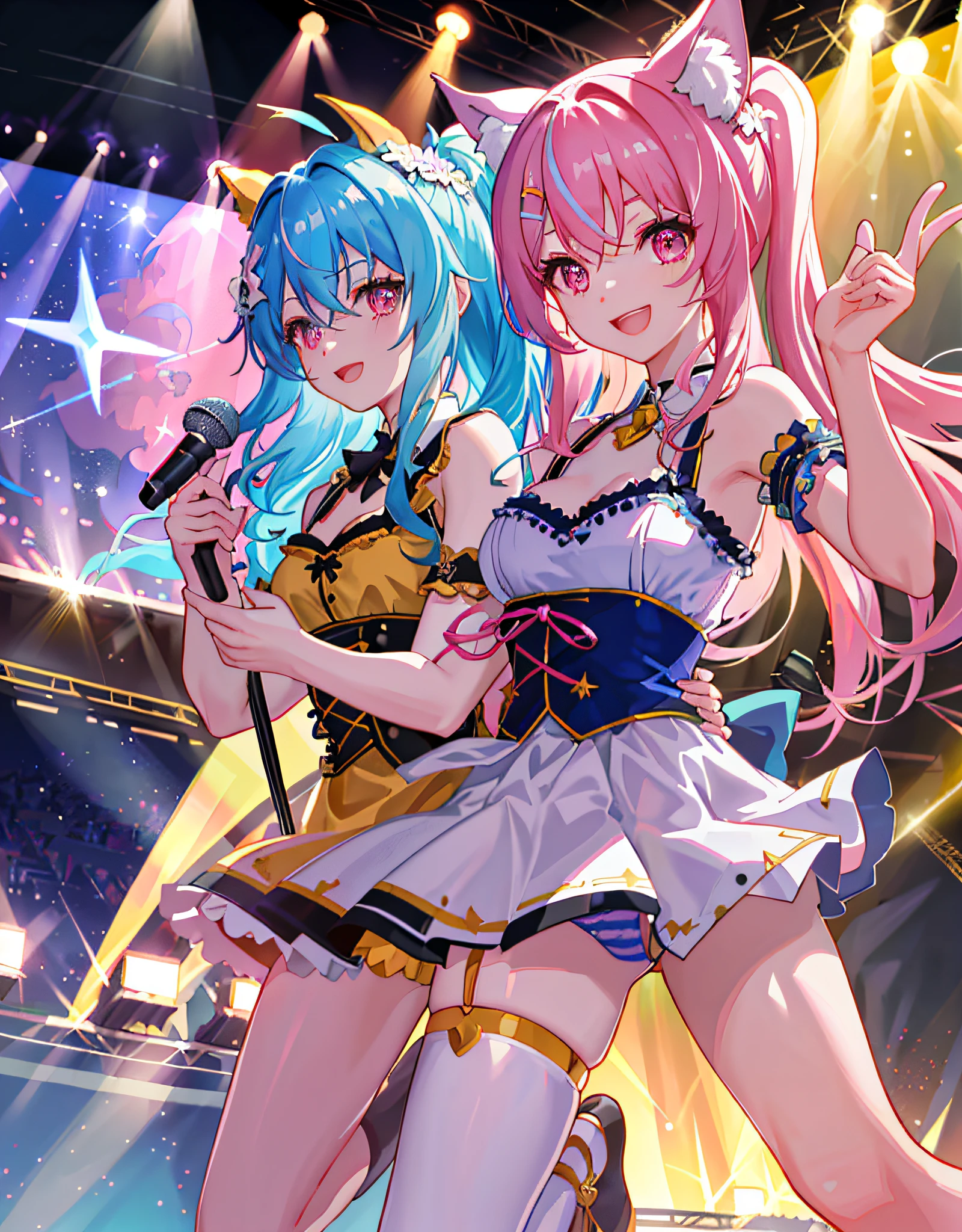 8K,masterpiece、Divine Picture、dynamic drawing、animesque、Perfect human hands、Super detailed human fingers、dynamic ungle、The upper part of the body、1人、ssmile、wolf ear、Wolf tail、Pink eyes、hairs between eyes、(((winc)))、D-cups、cleavage of the breast、striated hair、((((Variety of hair colors:1))))、Variety of hairstyles:1、Twin-tailed、Ultra-detailed gradient hair、Idol costumes、Professional Designer、frilly dress、lovelive、Pedras preciosas、Backstage、The best stage、climax、Professional stage、(((Hold the microphone with your left hand and sing emotionally、Overflowing emotions、The best smile)))、singer、vocalist:1、idol、songstress、Professional stage、profetional lighting、Live Lighting、Distract your gaze、Fan Service:1、(((Satellite view from the audience)))、(((Panchira、Cute panties)))