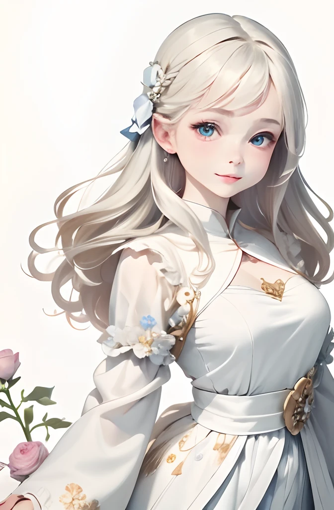 Highest Quality, pale skin, (Face and eye details: 1.2), 1 girl, Very delicate and beautiful girl, light blond, Wavy short hair, Blue eyes, snub nose, (somewhat childish appearance), ((Very beautiful)), (hitornfreckles: 0.4), curls, Whole body, Smile, Happy, With white flowers, coat, White background, a white world, she is standing on, the background is white, portrait of cute anime girlbabes, Anime visuals of cute girls, Anime girl in white dress with flowers in her hair, crisp clear rpg portrait, watercolor paiting,