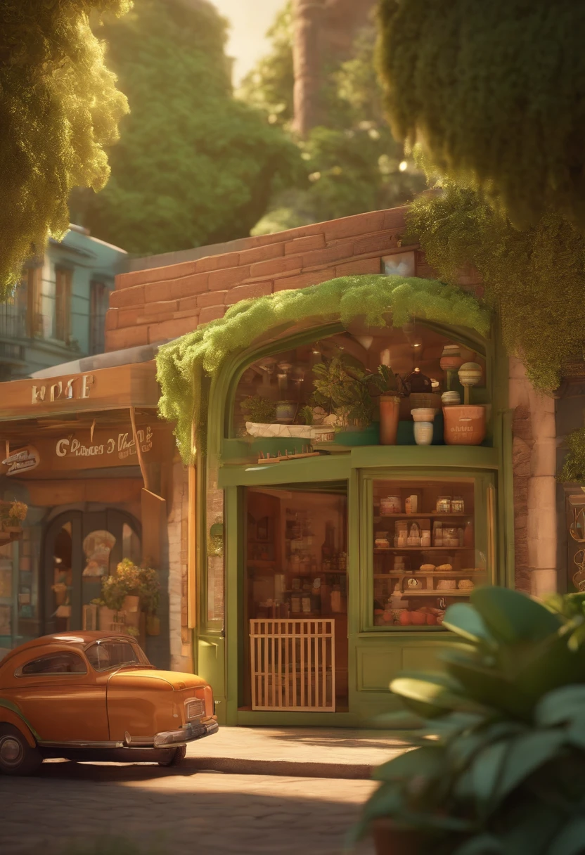 Desenho em estilo 3D da Pixar de uma sorveteria com o nome Las'Paletas Brasil, com cores verde, marrom e creme no centro da cidade.