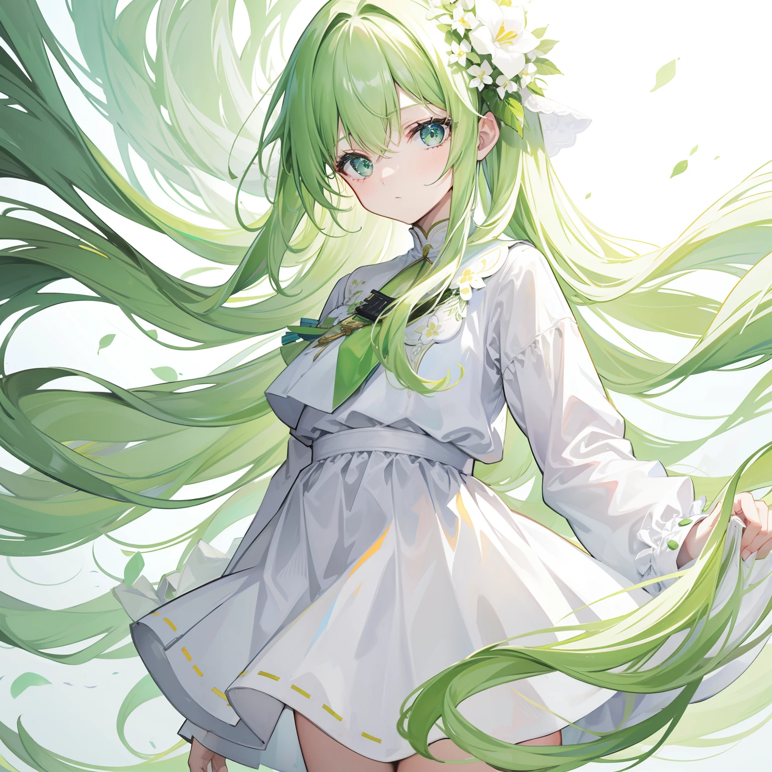 in green，Long whit hair，white，Milky clothes