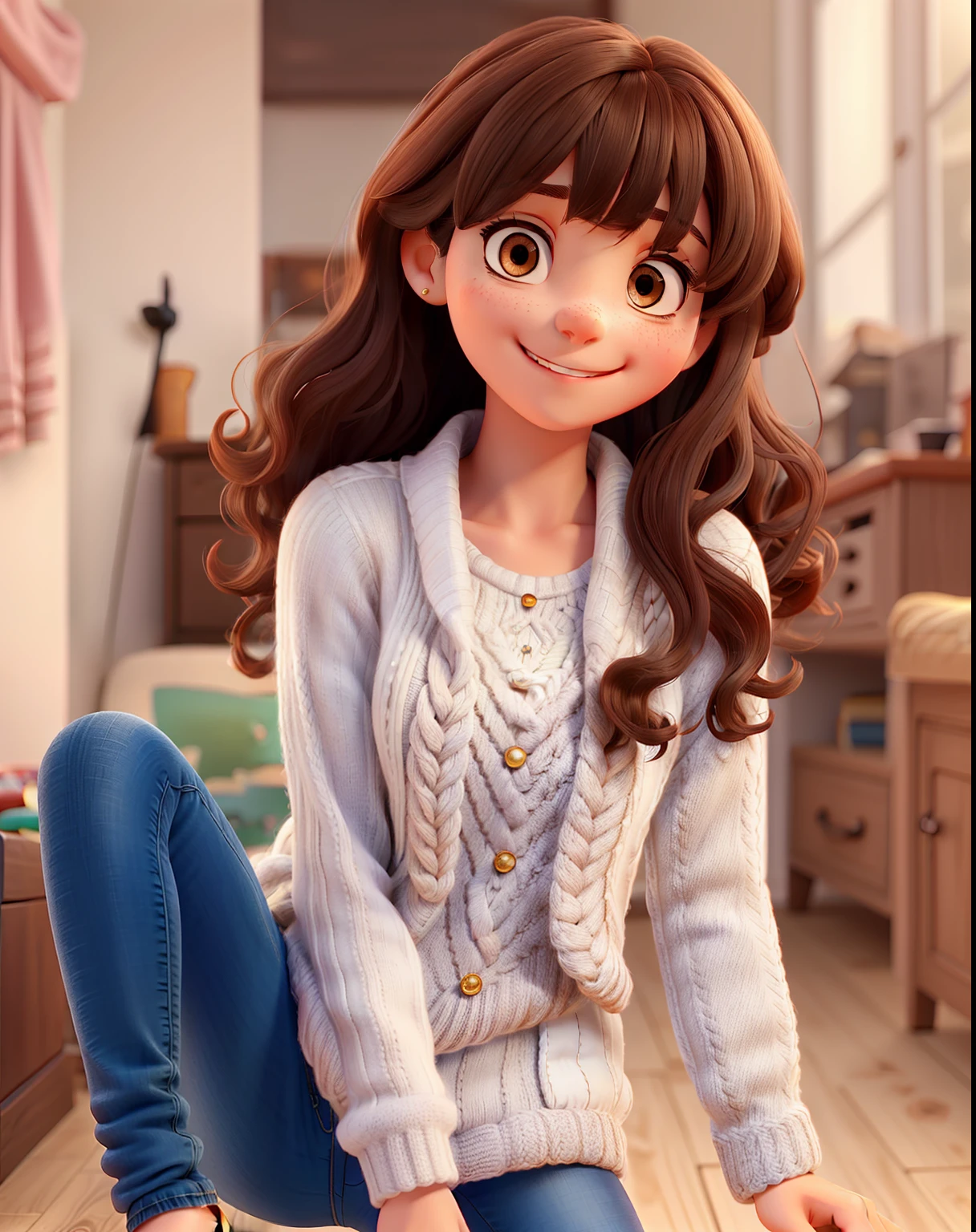 A close up of a cartoon girl sitting on a wooden floor - SeaArt AI