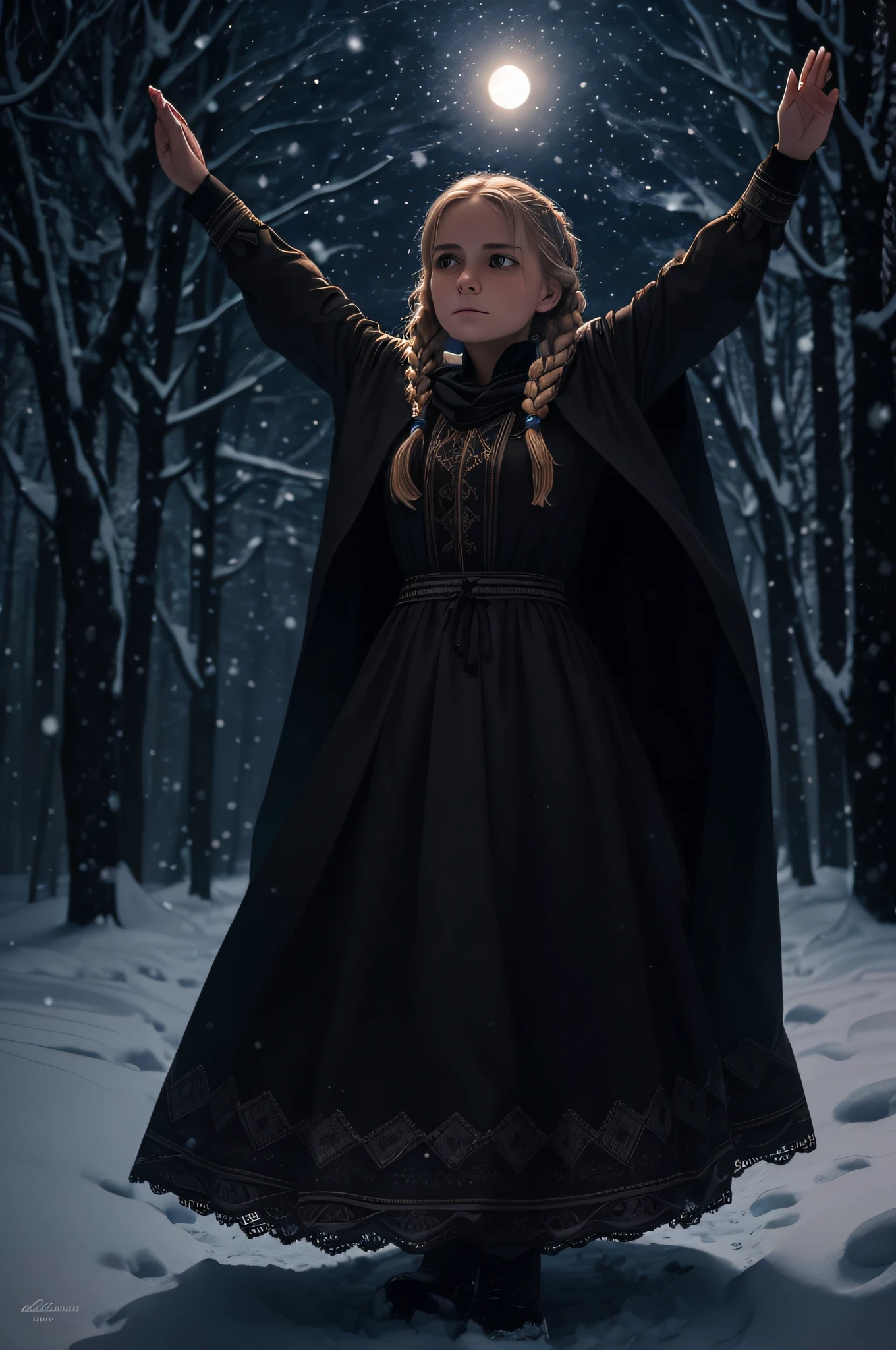 a woman with light hair tied in a braid wearing a classic Slavic dress and a black cape with her arms raised in up standing,dark winter night, snowing, urk in the shadows casting eerie glows and deep shadows