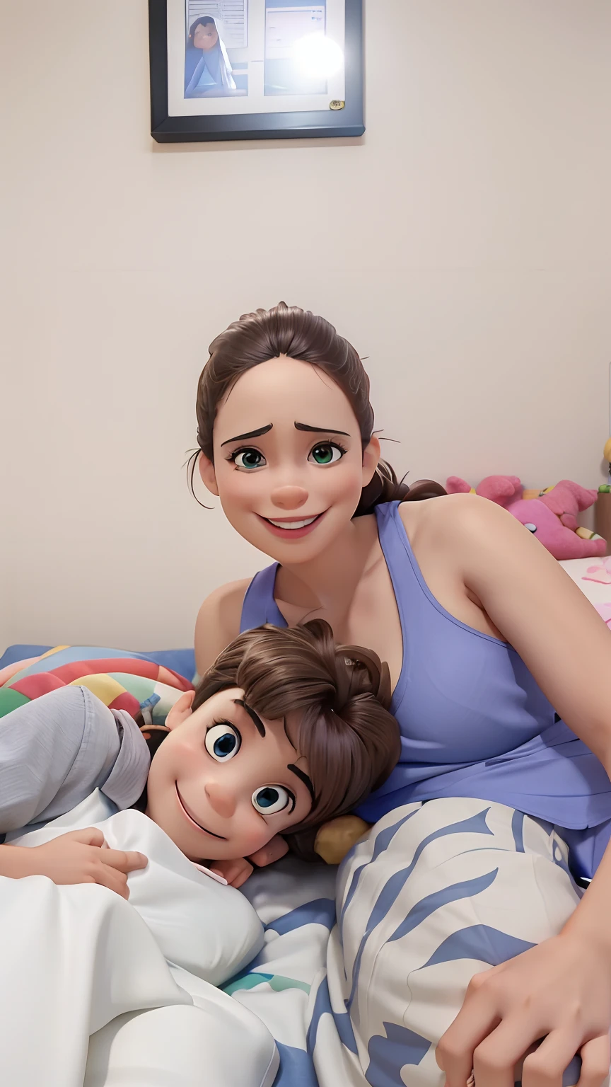 There's a woman and a boy lying on a bed together, 3 0 anos de idade mulher, Mulher de 30 anos, 3 5 year brazilian mother, with a , relaxing and smiling at camera, happily smiling at the camera, imagem de qualidade muito baixa, Ekaterina, both smiling for the camera, (38 anos), Postagem no Reddit