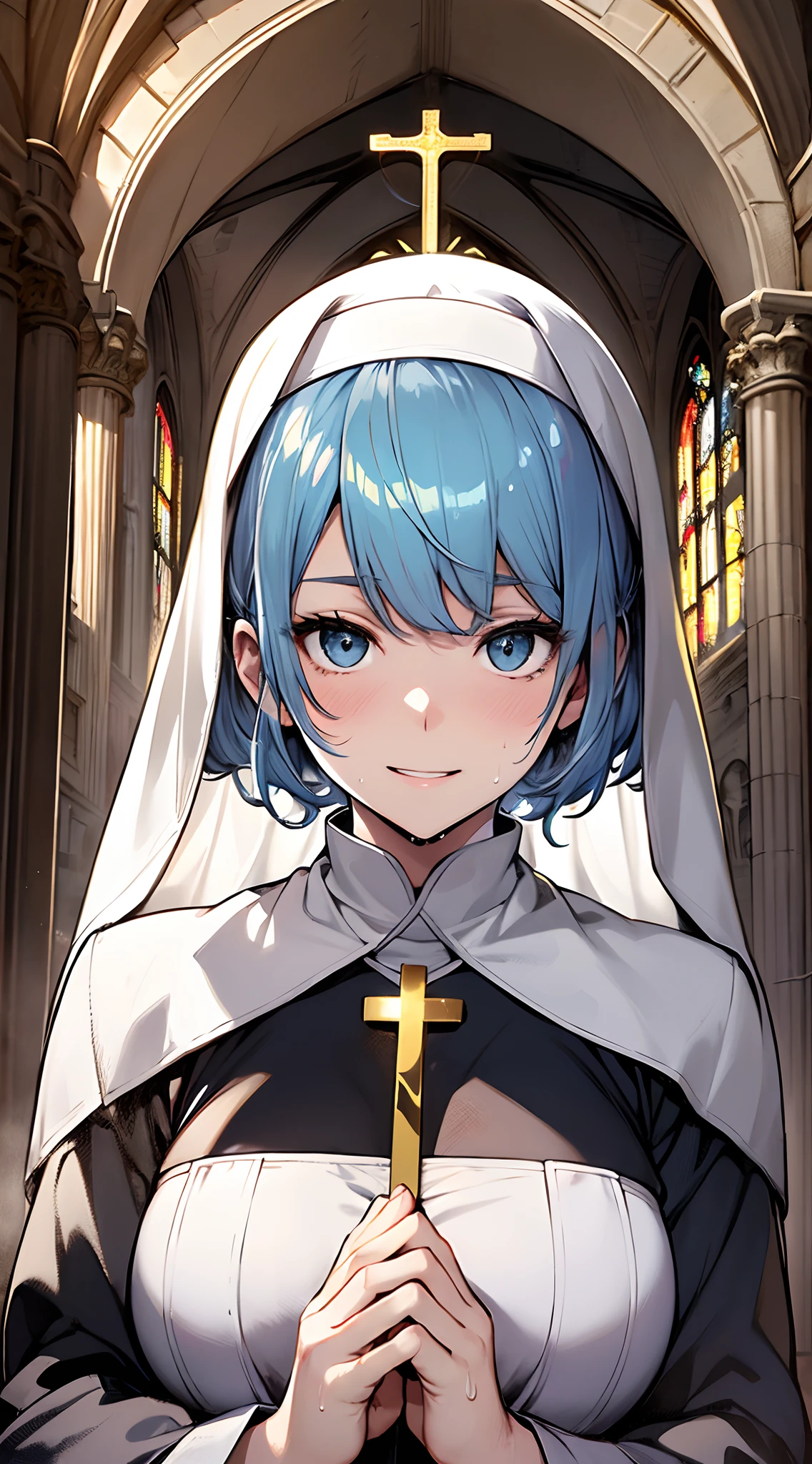top-quality、supreme１People Girls,hightquality,, ((masuter piece)), ((High resolution)), ((Best Quality)), detail, (cum faced、Excited face.Very happy,), ((Skin shiny with sweat)), (White Nun Uniform:1.2)、 girl with, lightblue hair, (Straight、Bangs Patsun)、Fold your hands in front of your chest and pray:1.5、kneel、fair white skin:1.3、、Colossal tits, cinmatic lighting, perfectly shaded,(((chapel))), Realistic lighting with shades,