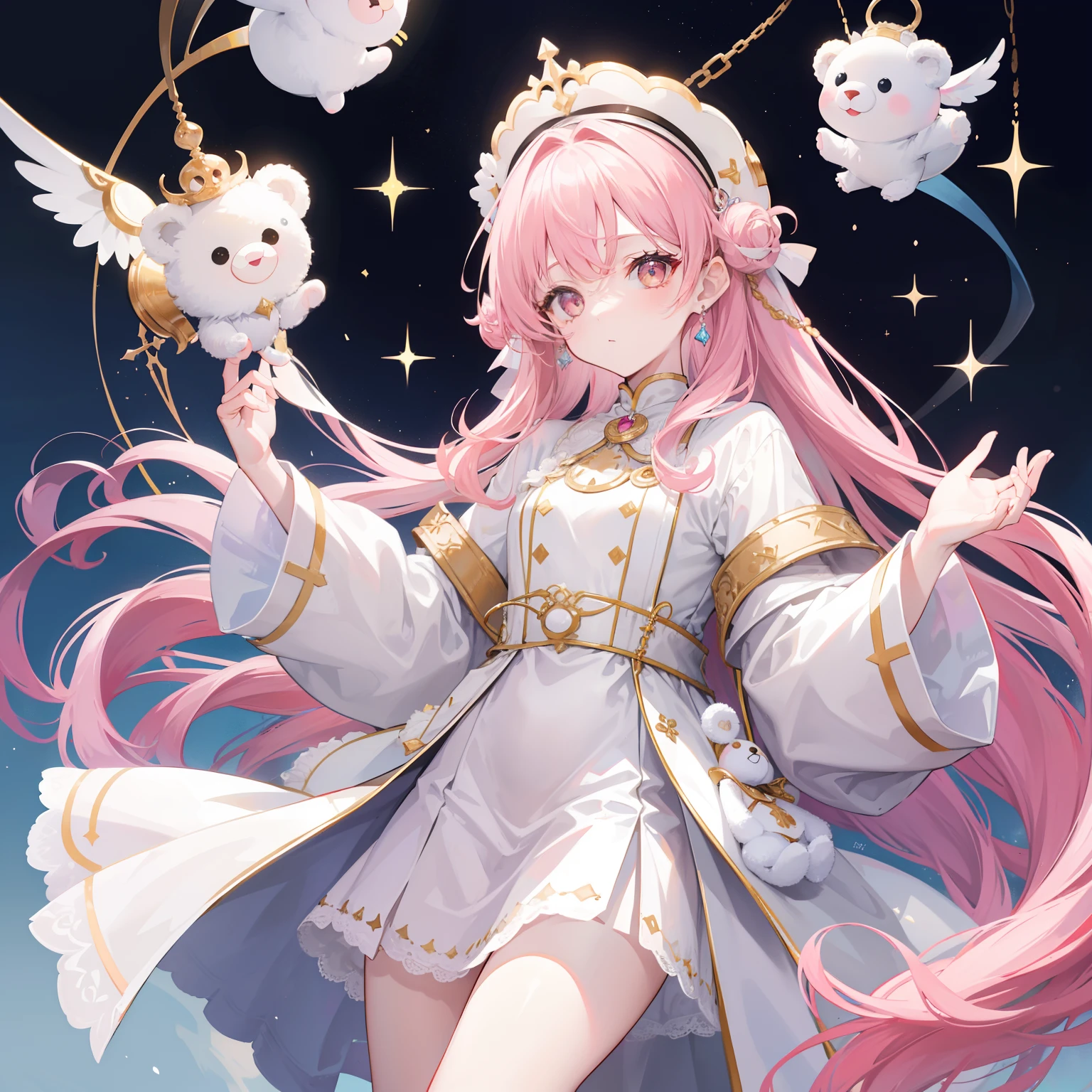 Title of the Doura continent with multiple pale pink soul rings，I'm Sister Lori，Light rice and cream white color scheme，light-brown long hair，baggy clothes，Known as the Muppet Bear Puppeteer，I'm a cute and cute girl，