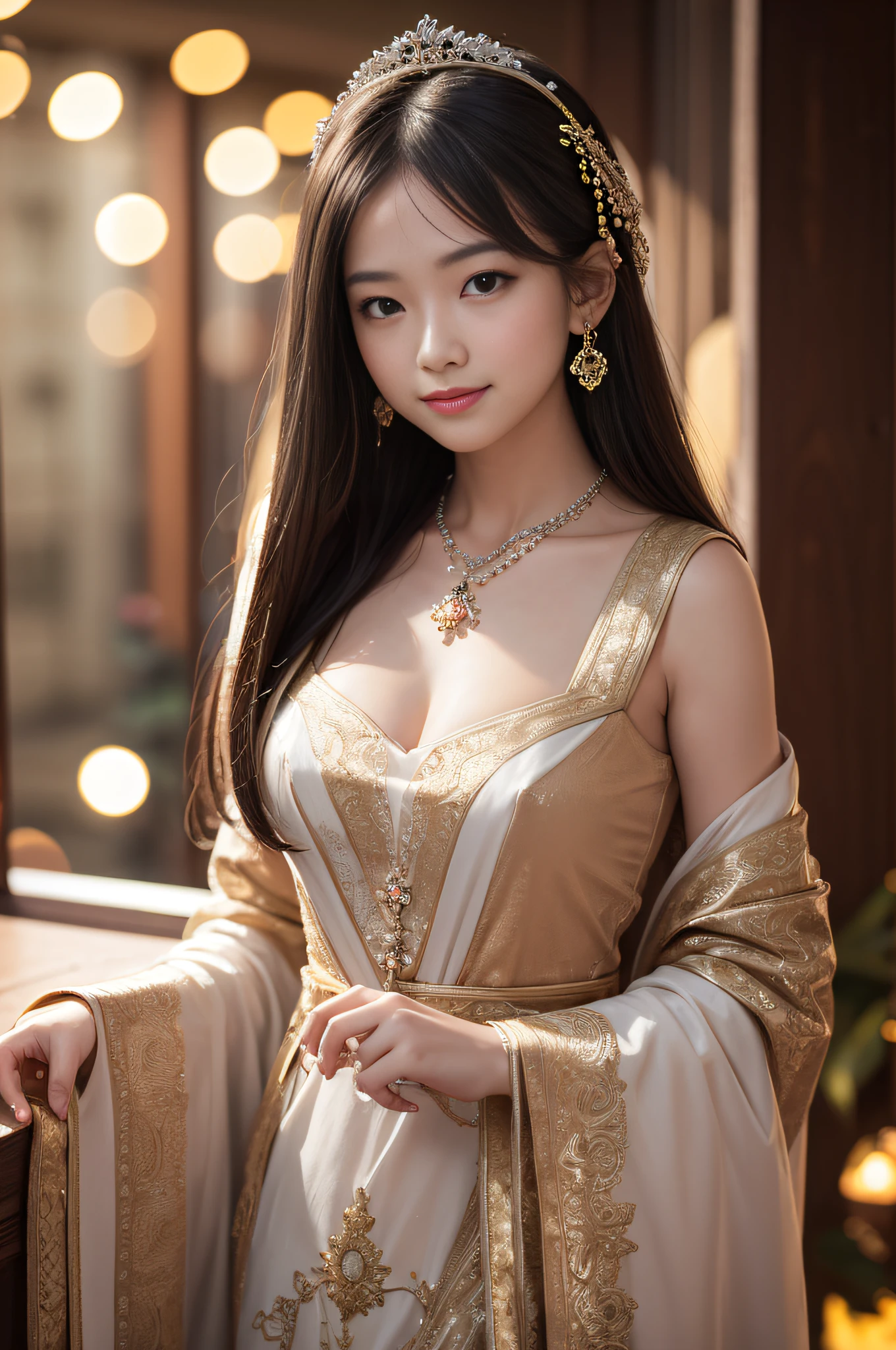 Blonde long-haired woman, Iris, Red Jewelry, Red earrings, moon, Noble, Lady, high quality, Very detailed, Detailed face, masterpiece, city, garden, Flowers, Light,(((Upper body portrait))),Super long brown hair,Hair with loose waves inside,Long hair_Hair reaching down to the waist、gold necklace_Large earrings、((A shy smile:1.3)),wearing Floral blouse with ribbon tie_long see-through sleeves、standing gracefully、full figure supermodel standing, entire body in frame、Late at night, Standing on a hotel balcony with a beautiful night view,((salute:1.3)),