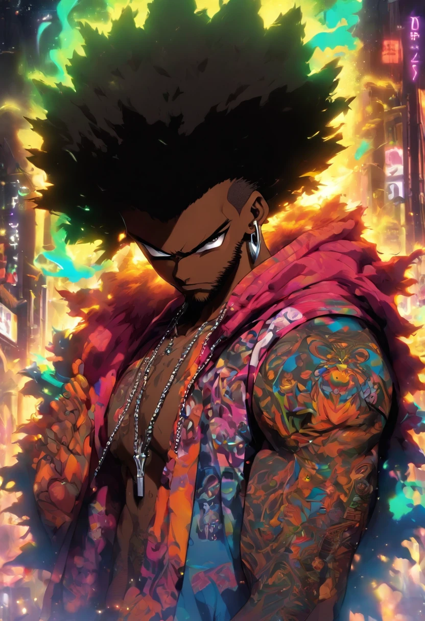 Le plus bel homme punk rock avec une longue barbe et des cheveux en dredlock, noir afro, Huge-breasts, Cheveux arc-en-ciel, yeux jaunes, dark skinned, Wear a hoodie, Des tonnes de tatouages et de piercings, Perfect masterpiece, highly quality, High resolution, Gros seins