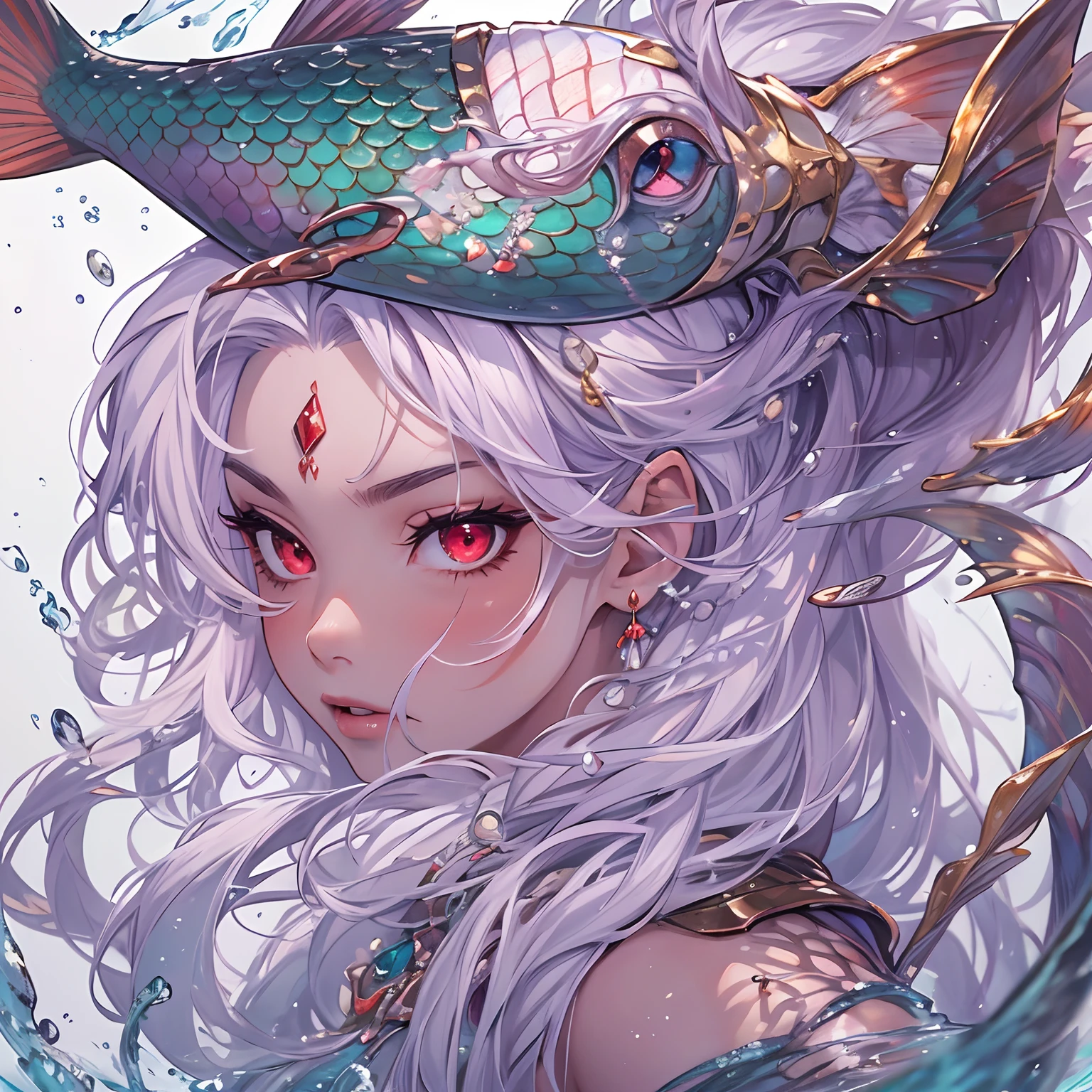 ((Masterpiece, Highest quality)), Detailed face, ， full bodyesbian, Full of details, random poses and expressions, Highly detailed, Depth, Many parts，Beautiful mermaid girl，Human fishtail，estilo fantasia，Extremely beautiful，High Balance, Natural light, Water ripples around, white hair, fish features, red eyes, gills, scales, sea shell hair ornament, red jewellery, angry expression, ((purple tinted skin)), blush, highlights, glossy lips, ((full body)), ((face forward)), smirk, full body