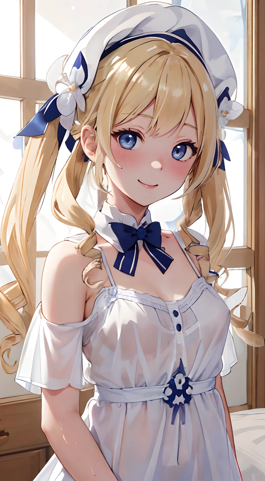 barbara_genshin, blonde_hair, blue_eyes, twintails, bangs, long_hair, drill_hair, twin_drills, hat, blush, white_headwear, hair_ornament, naughty pose, A young girl with small breasts in a white transparent nightgown sleeping on a bead, (hourglass body), bare chest, ((small breasts)), perky tits, a picture、realisticlying、top-quality、adopt、A detailed face, high details, 细致背景、diffuse sunlight、depth of fields、Bokeh、embarassed expression,  smile, closed mouth, upper body portrait, see-through, wet, the bow