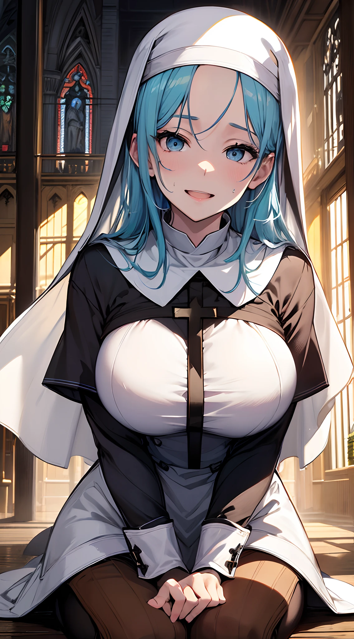 1girl, (((milf))), (((dark skin))), white hair, white stocking, lingerie, nun,unrealistically large extremely large breasts, ((nipples)), ((((unrealistically large i cup breasts)))