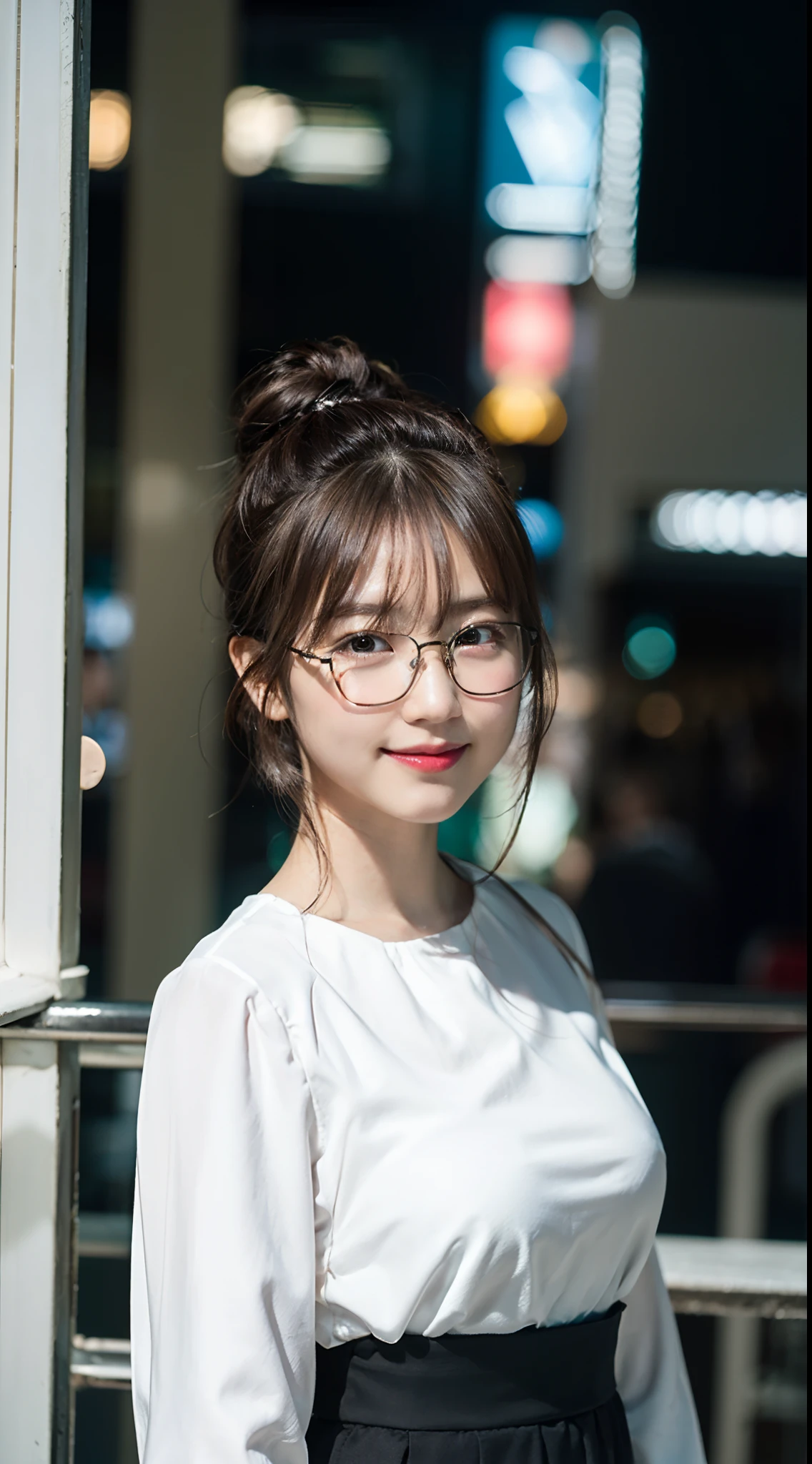 (8K、Raw photography、top-quality、masterpiece:1.2)、(realisitic、Photorealsitic:1.37)、ultra-detailliert、超A high resolution、1人、see the beholder、beautifull detailed face、A smile、Constriction、(Slim waist) :1.3)、((White blouse clothes))、Beautiful detailed skin、Skin Texture、Floating hair、((Hair bunched into one))、large full breasts、Professional Lighting、In front of the station at noon、((Black square glasses))、Whole human body、Brown hair、phone、