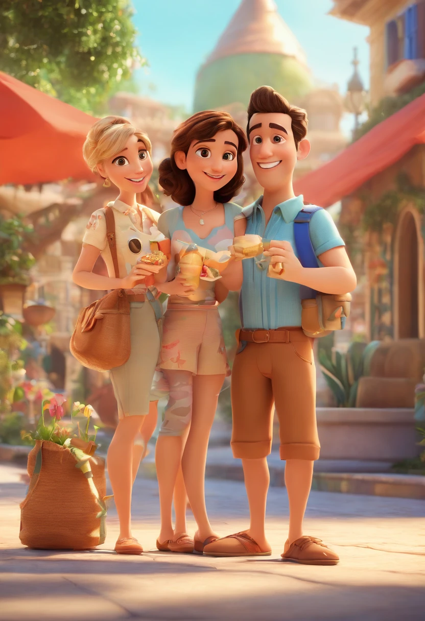 Cartoon of friends having fun on vacation together,  3D Animation Movie Poster, Poster de filme animado, pixar 3 d animation style, pixar renderman rendering, maia 8 mil, animated film, Disney Pixar Estilo 3D, amigos felizes saem juntos, all wearing light blue shirts and cream brown long pants, camisa azul clara, cream brown pants, ao ar livre, vacation, Disney Pixar Animation Poster