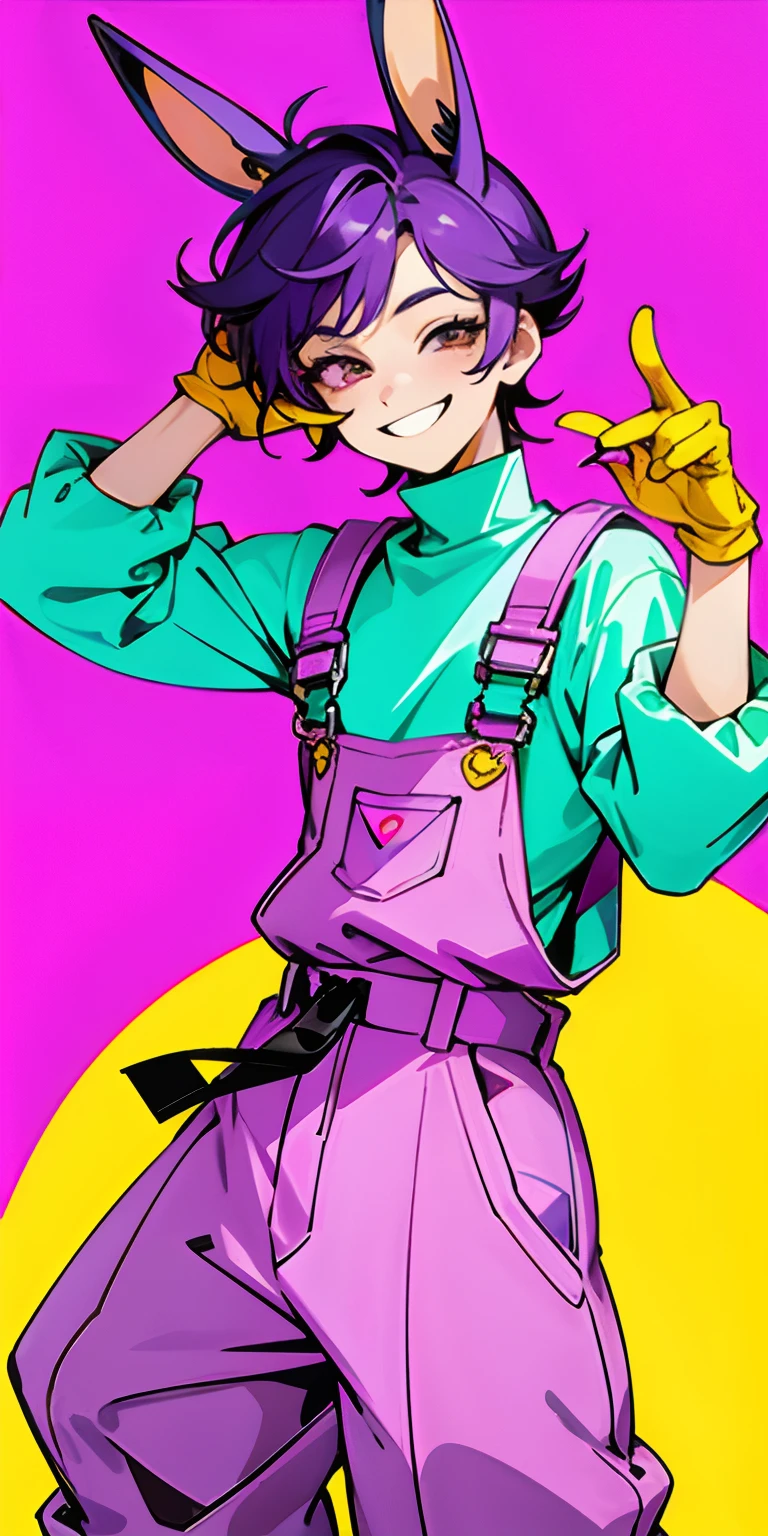 kpop boy wearing a soft purple turtle neck outfit, with a pink fuchsia-colored overalls , yellow gloves, smile with teeth, purple rabbit ear, smirk rizz face, attractive pose cannot be ressist