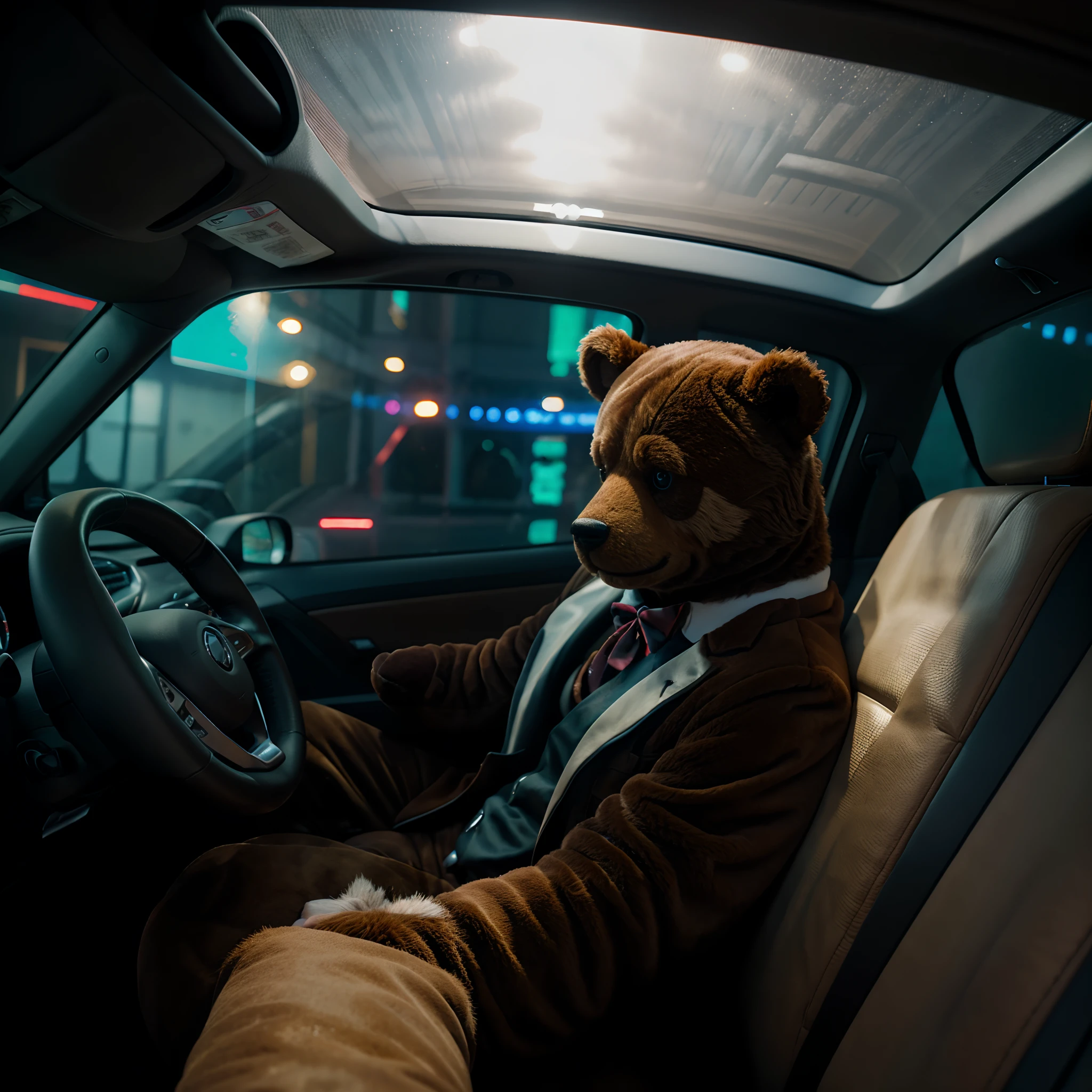 A brown teddy bear, wearing a suit, has a scar across his face, in a car, looks angry, Hans on the steering wheel, neon lights, 8k, high quality, high detail