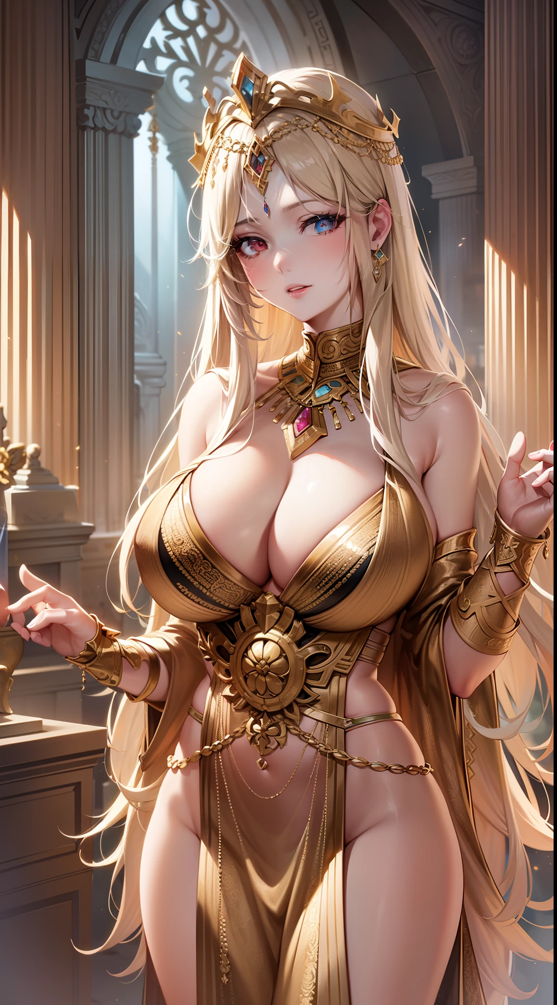(Highly detailed CG Unity 8k wallpaper, masterpiece, top quality), (sexy woman, natural and seductive posture, long straight blonde hair, cleavage, sheer robes, ancient Greek costume, goddess), (temple altar), one woman, detailed depiction, standing figure, side, pretty face, (see through)