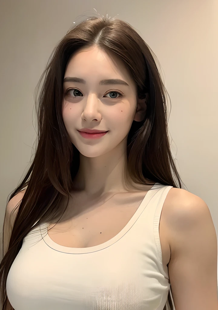 ((Best quality, 8k, Masterpiece :1.3)), 1girl, beautiful woman with emphasis on plump abs: 1.3, full body, (long hair, big breasts: 1.2), oversized tank top: 1.2, ultra-delicate face, delicate eyes, double eyelids, smile, home, random color clothes