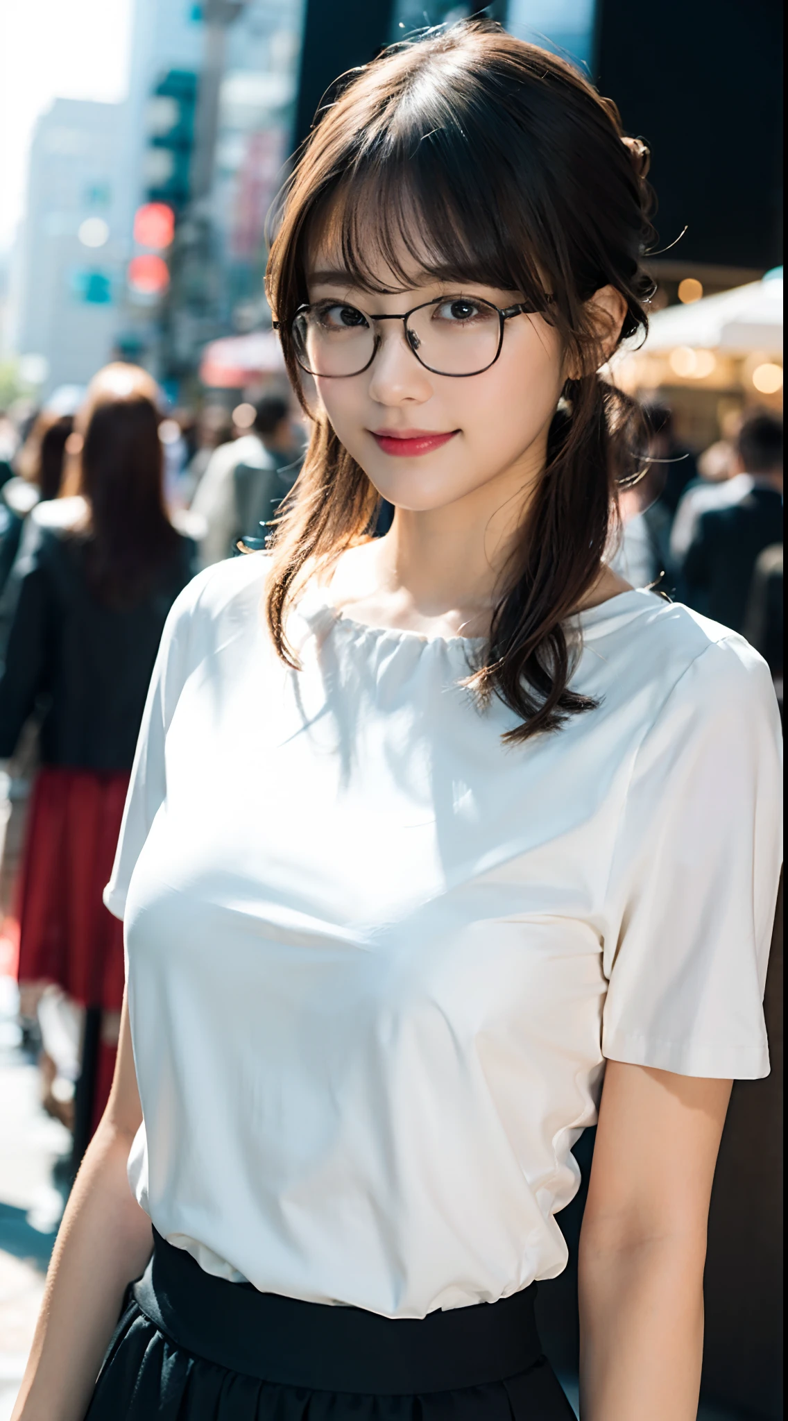 (8K、Raw photography、top-quality、masterpiece:1.2)、(realisitic、Photorealsitic:1.37)、ultra-detailliert、超A high resolution、1人、see the beholder、beautifull detailed face、A smile、Constriction、(Slim waist) :1.3)、((White blouse clothes))、Beautiful detailed skin、Skin Texture、Floating hair、((Hair bunched into one))、large full breasts、Professional Lighting、In front of the station at noon、((Black square glasses))、Whole human body、Brown hair、phone、