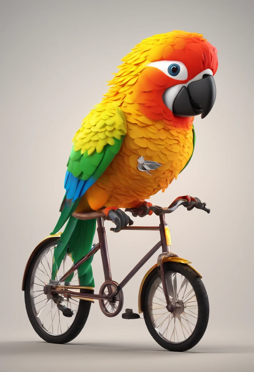 A fat sun conure parrot rides a bicycle.
