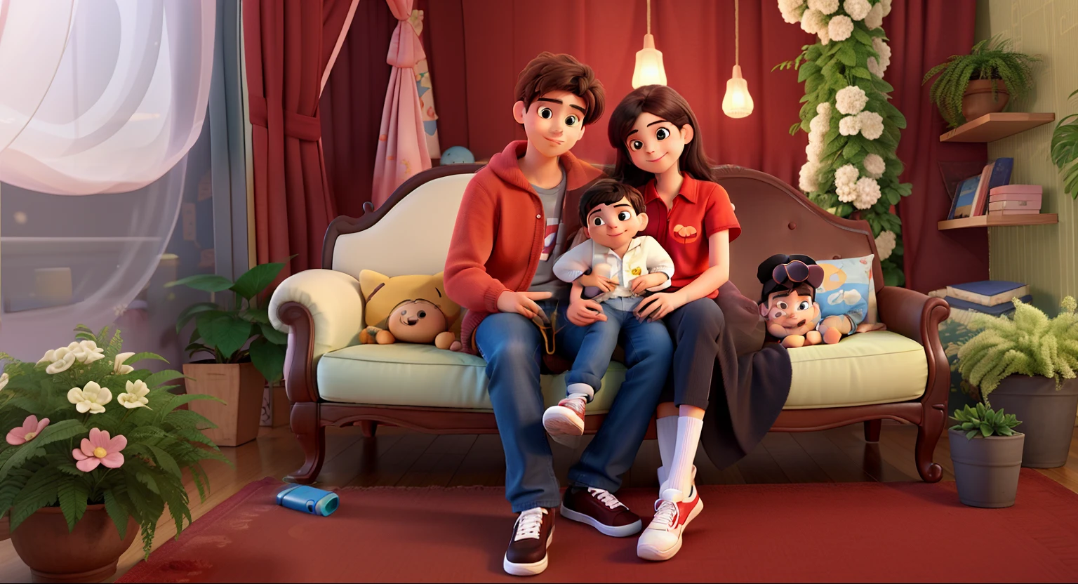 A young couple with a baby sitting on a sofa, estilo disney pixar, alta qualidade, melhor qualidade